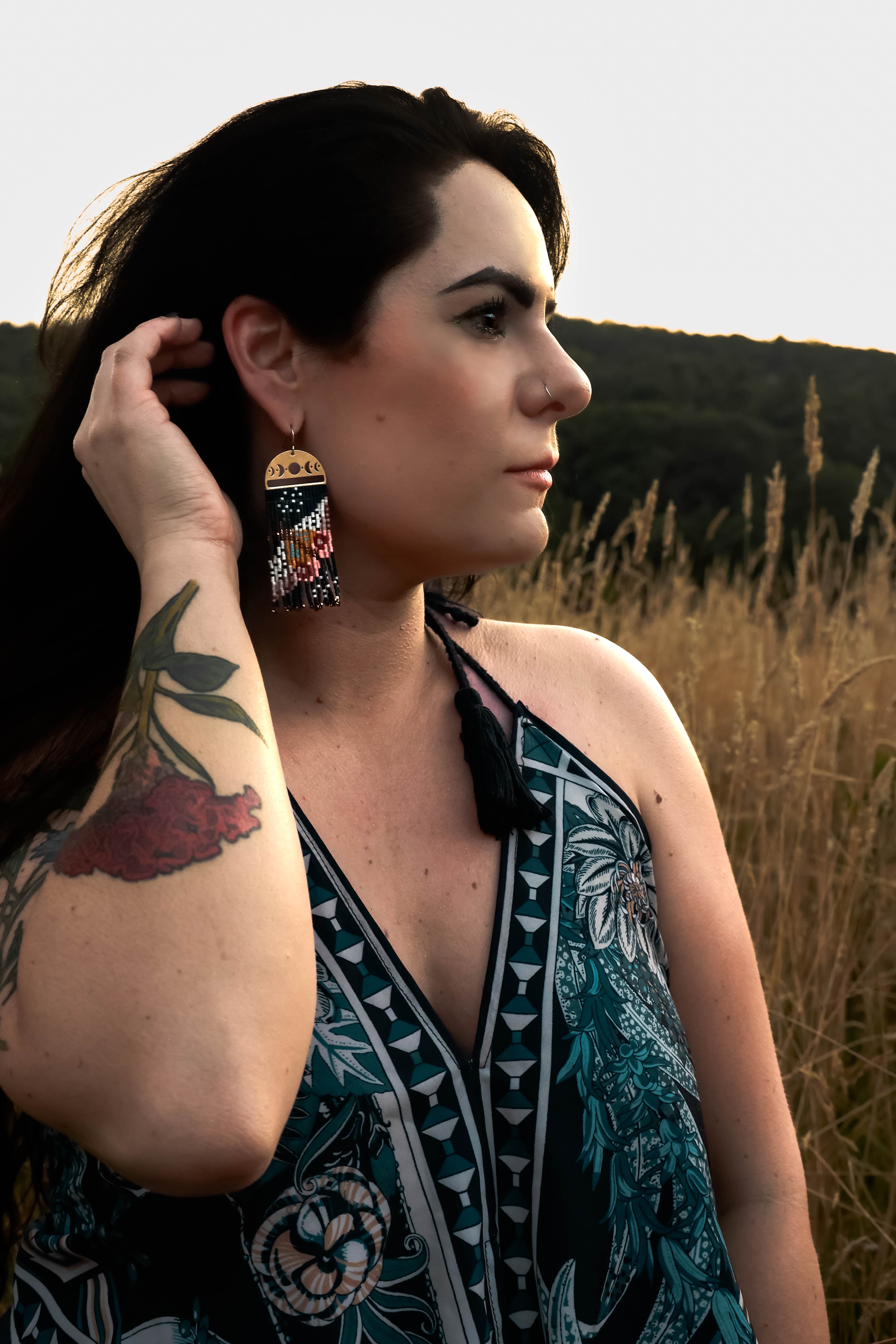 Handwoven Beaded Moonlit Moth Fringe Earrings - Black