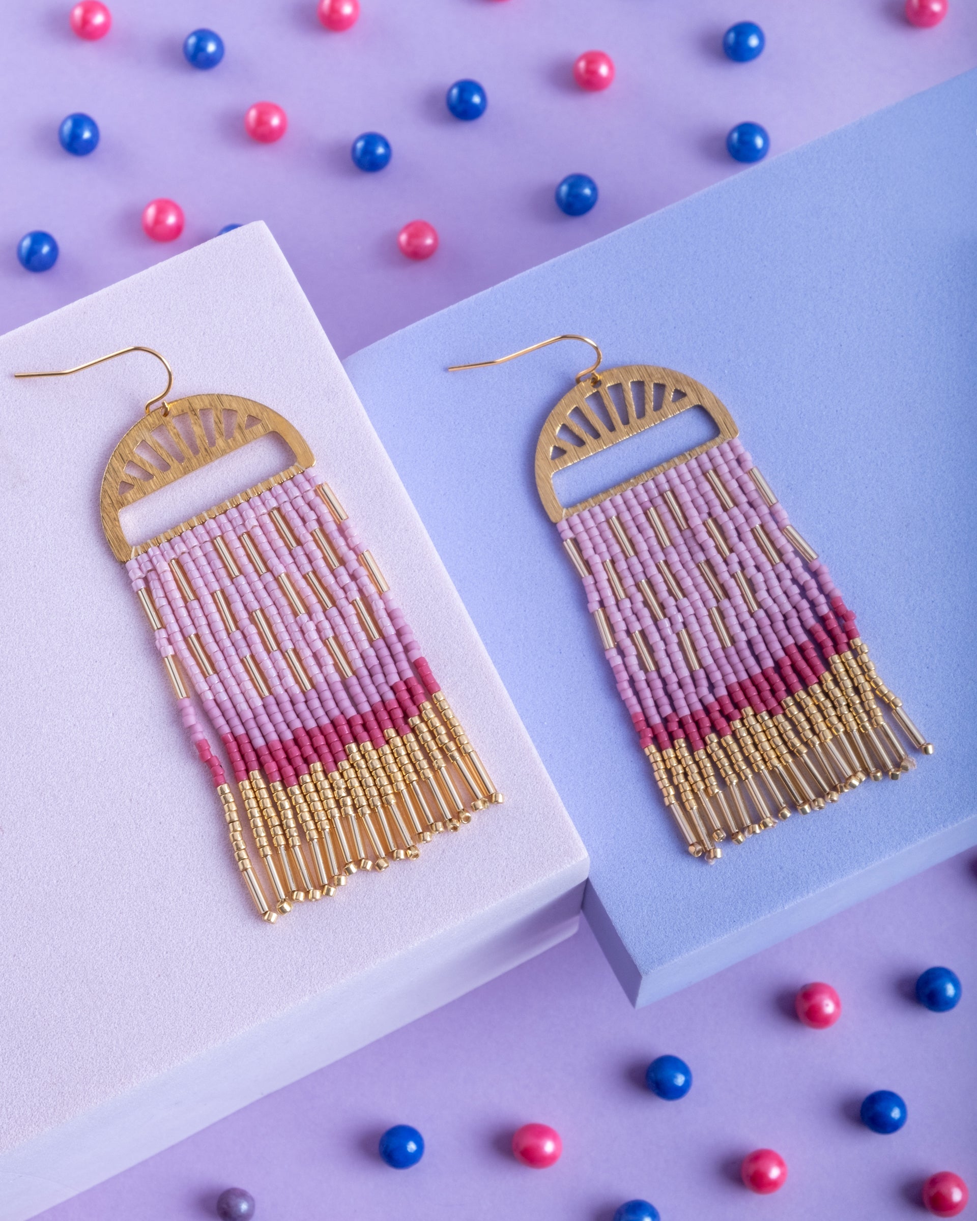 Beaded Handwoven Sprinkle Fringe Earrings - Pink
