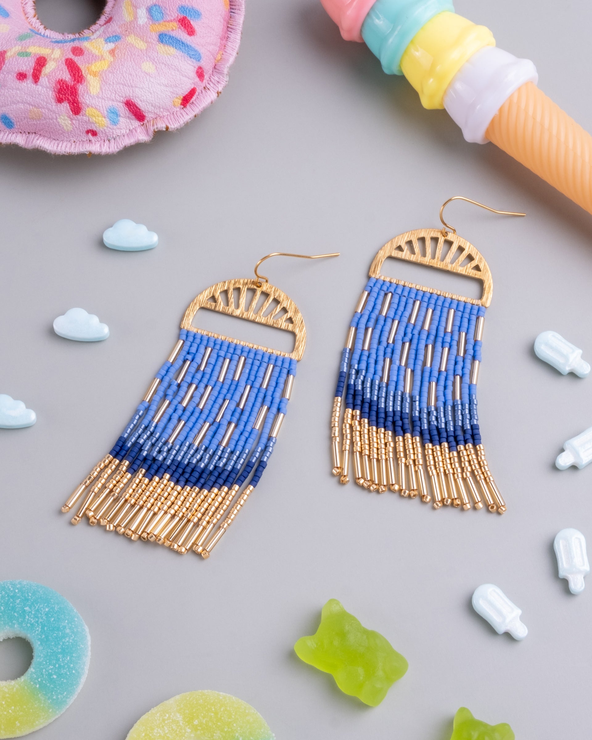 Beaded Handwoven Sprinkle Fringe Earrings - Blue