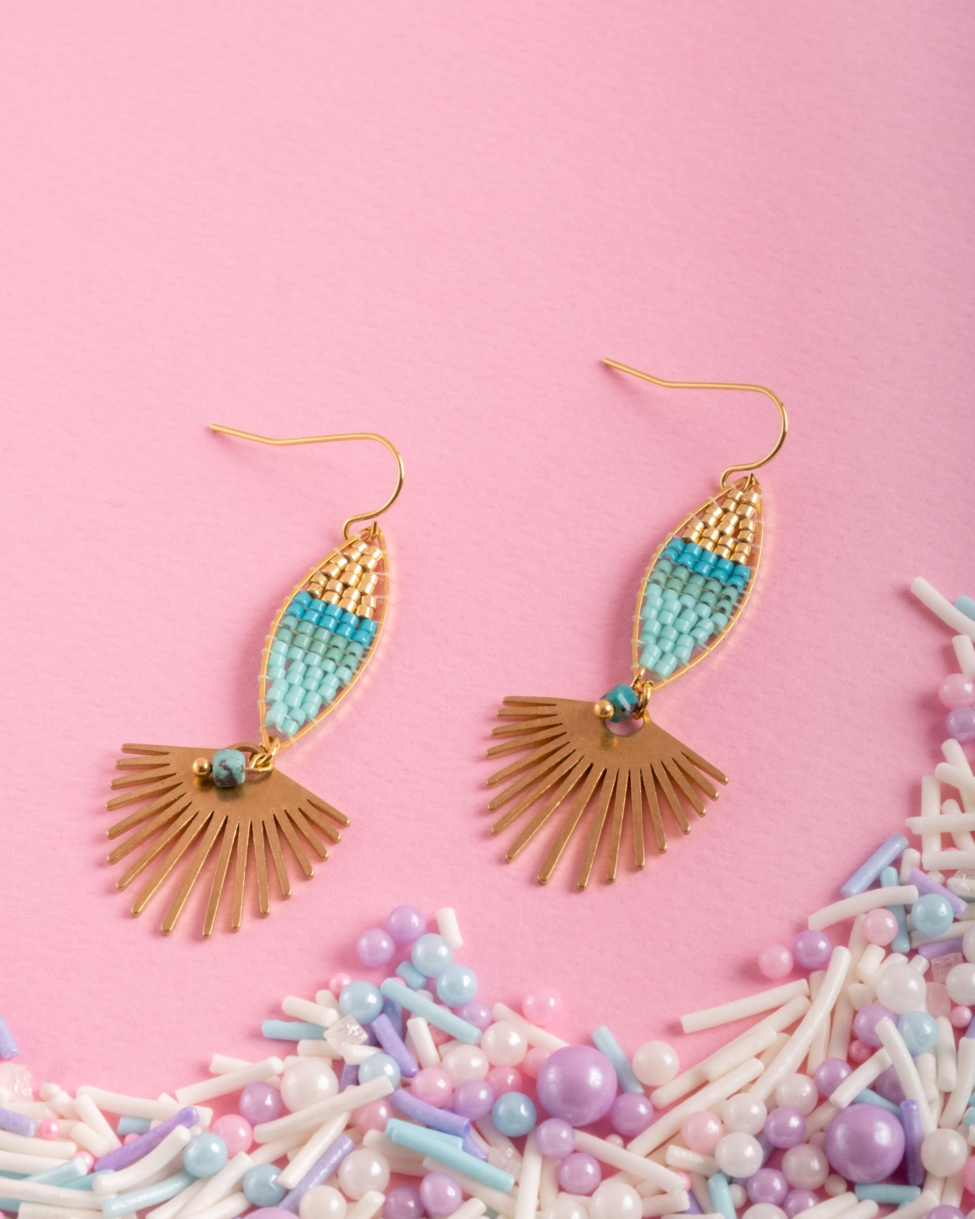 Beaded Handwoven Cotton Candy Dangle Earrings - Aqua