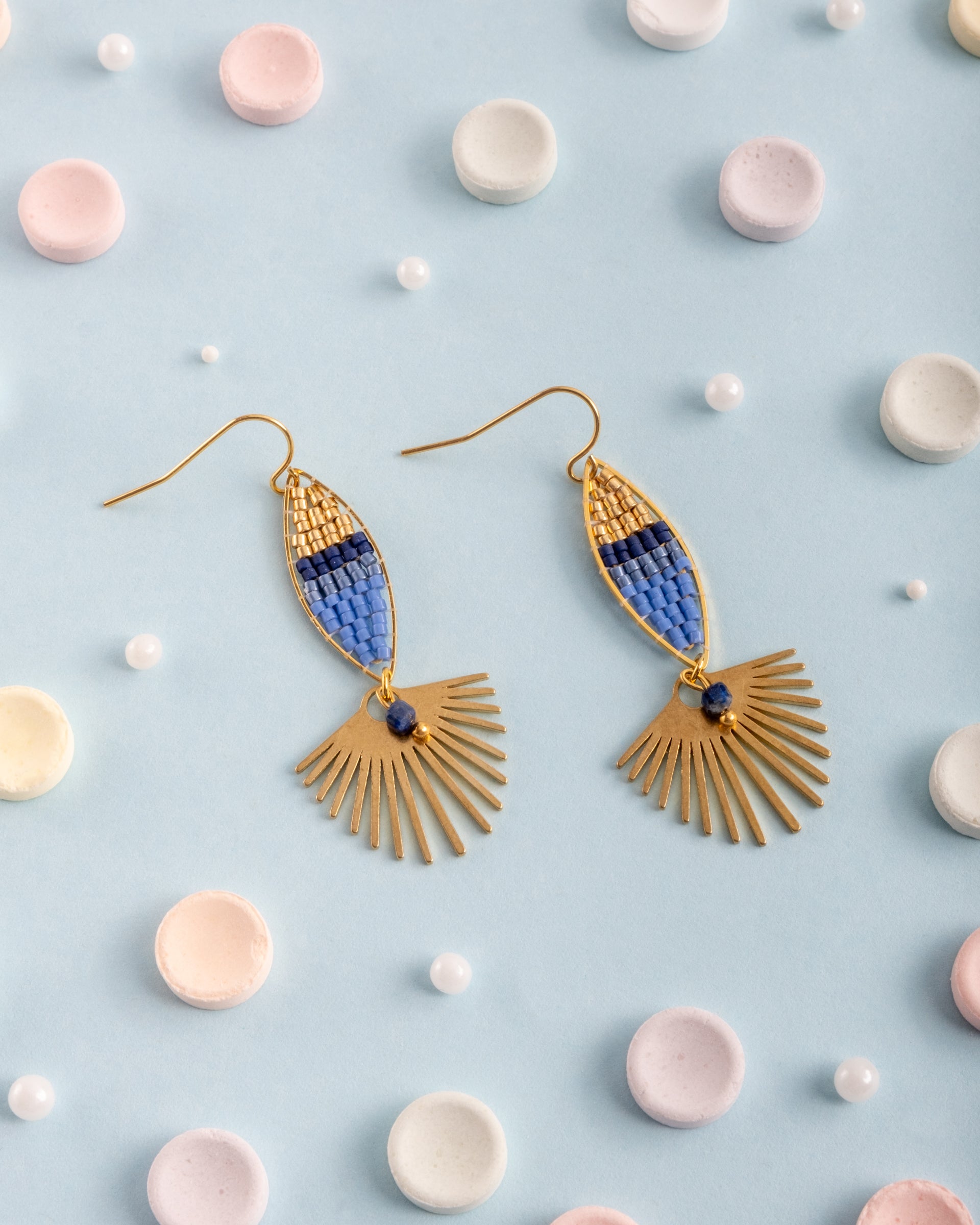 Beaded Handwoven Cotton Candy Dangle Earrings - Blue