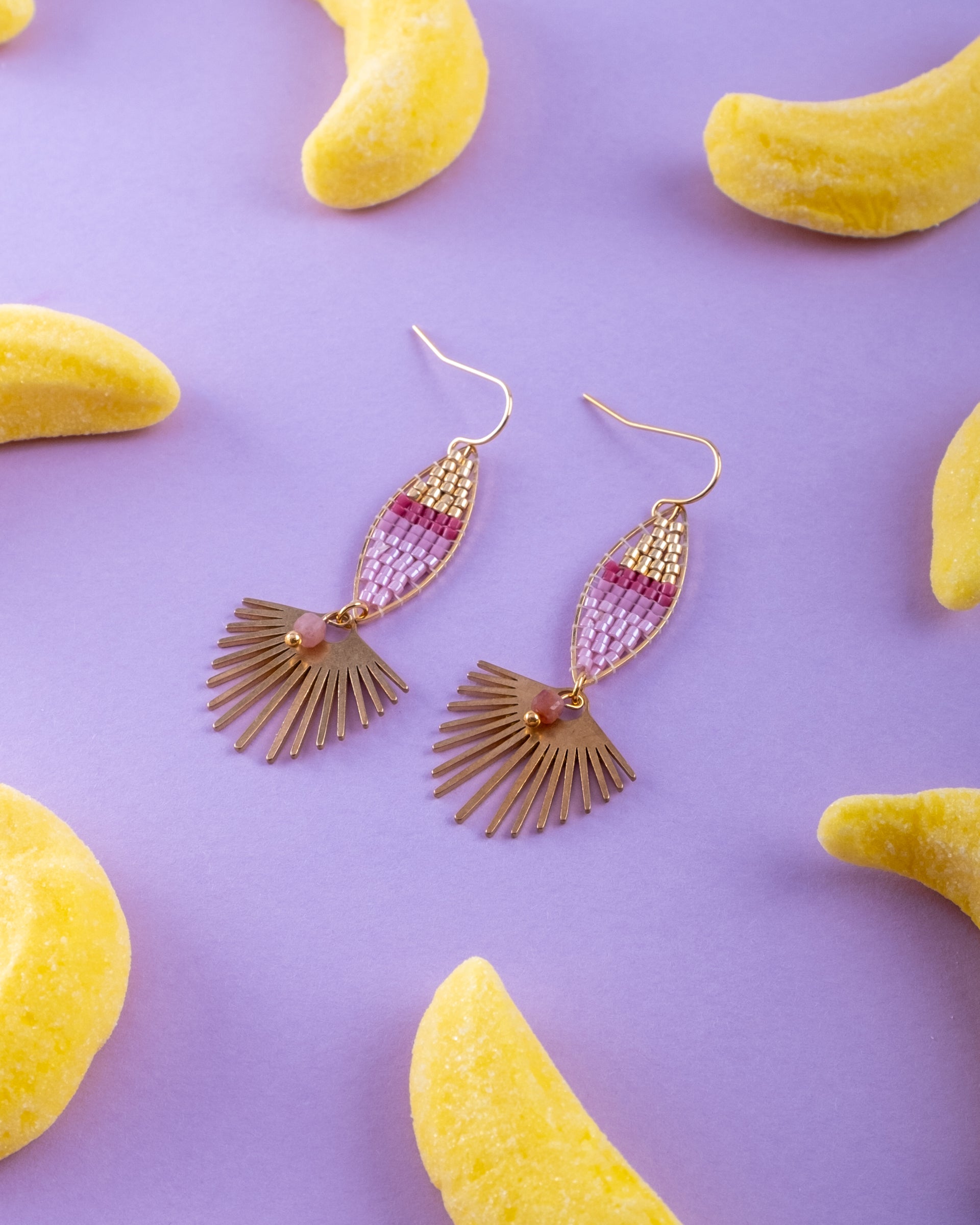 Beaded Handwoven Cotton Candy Dangle Earrings - Pink