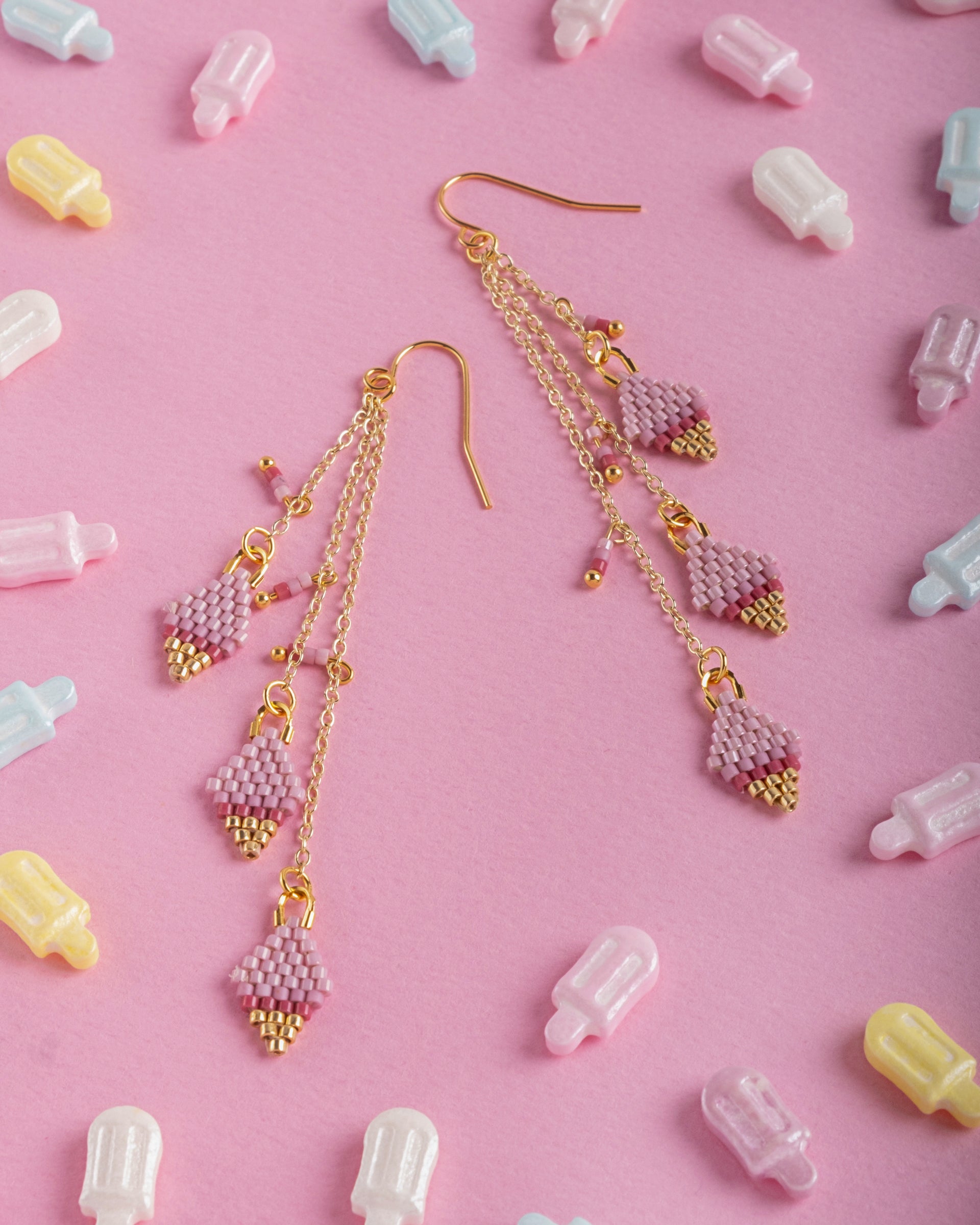 Beaded Handwoven Candy Gem and Chain Dangle Earrings - Pink
