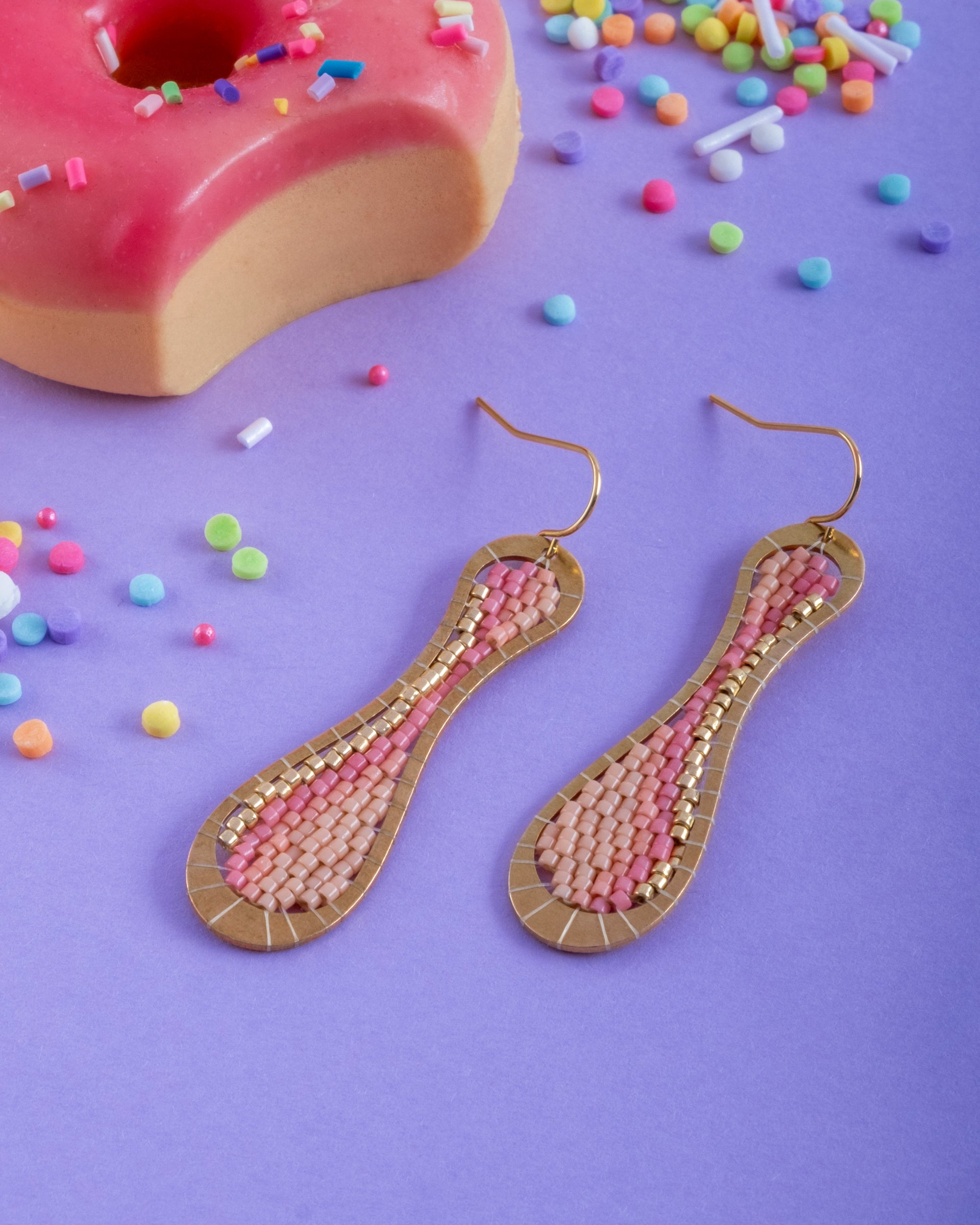 Beaded Handwoven Taffy Twist Drop Earrings - Peach