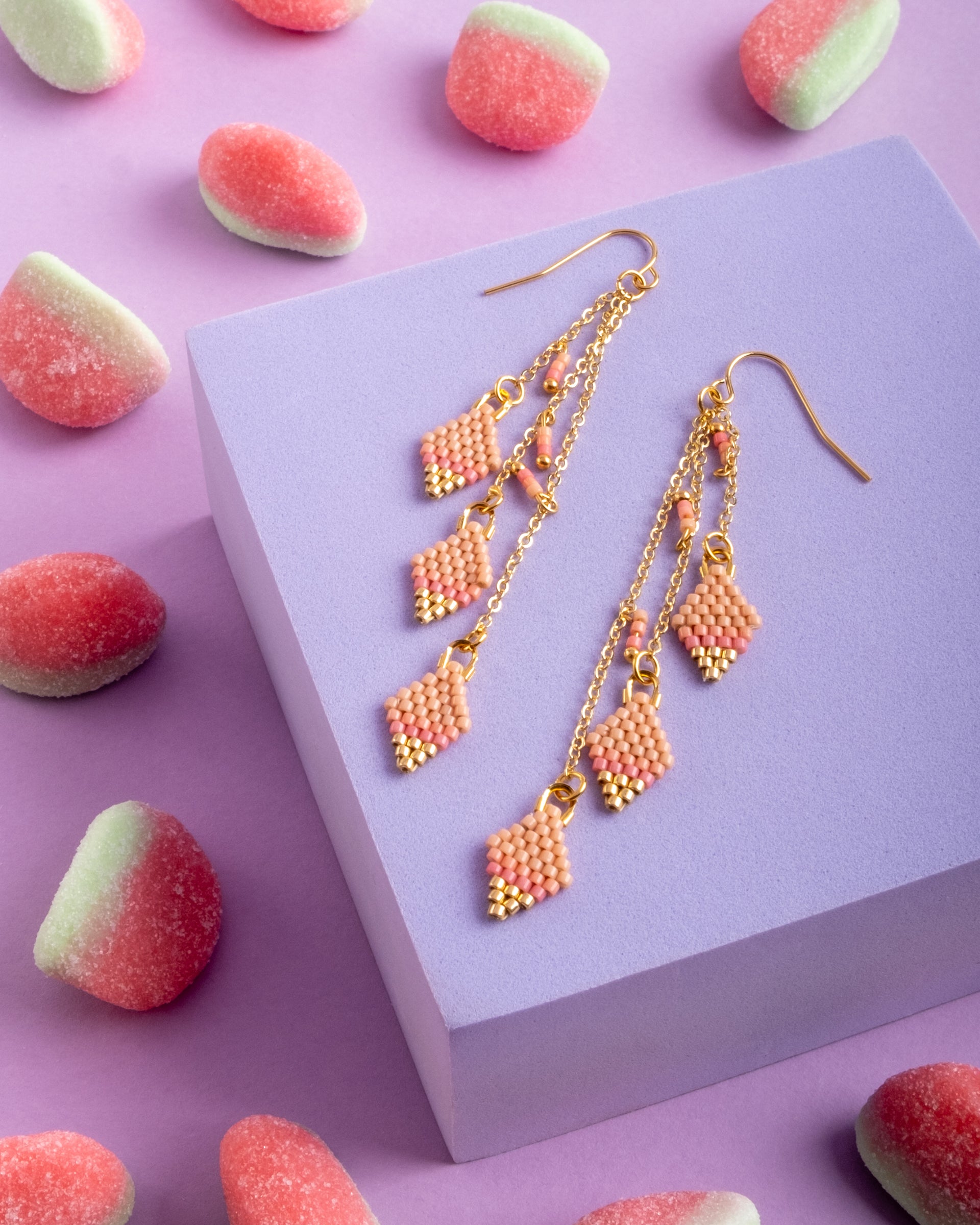 Beaded Handwoven Candy Gem and Chain Dangle Earrings - Peach