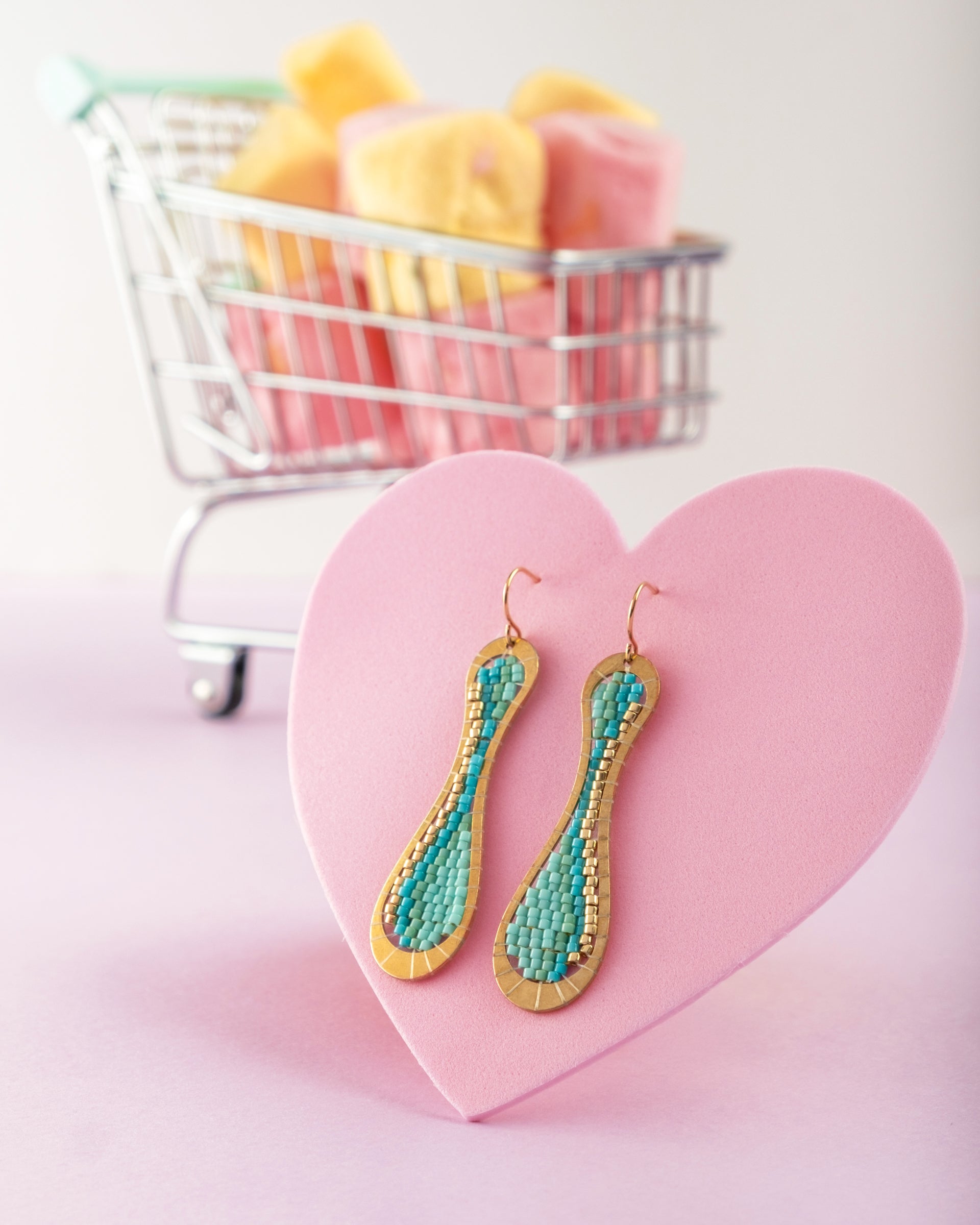 Beaded Handwoven Taffy Twist Drop Earrings - Aqua