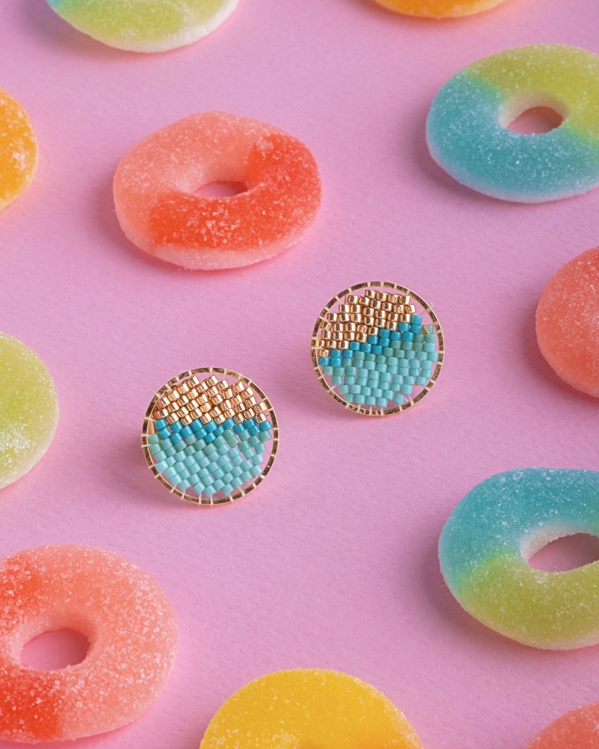 Beaded Handwoven Sweet Tart Stud Earrings - Aqua