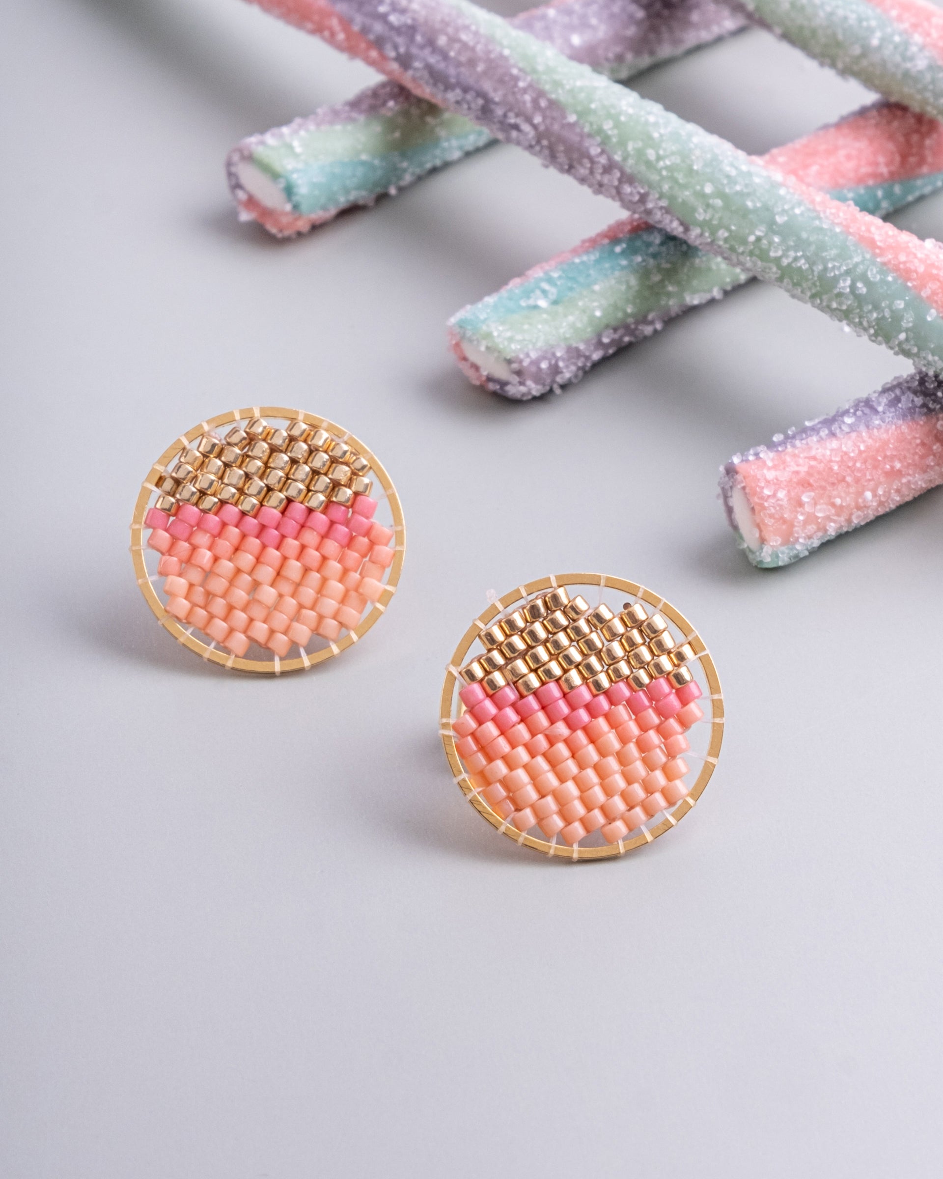 Beaded Handwoven Sweet Tart Stud Earrings - Peach