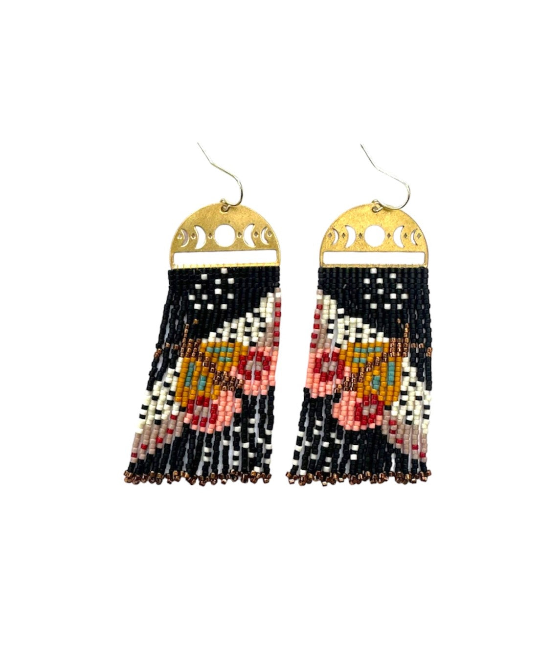 Handwoven Beaded Moonlit Moth Fringe Earrings - Black