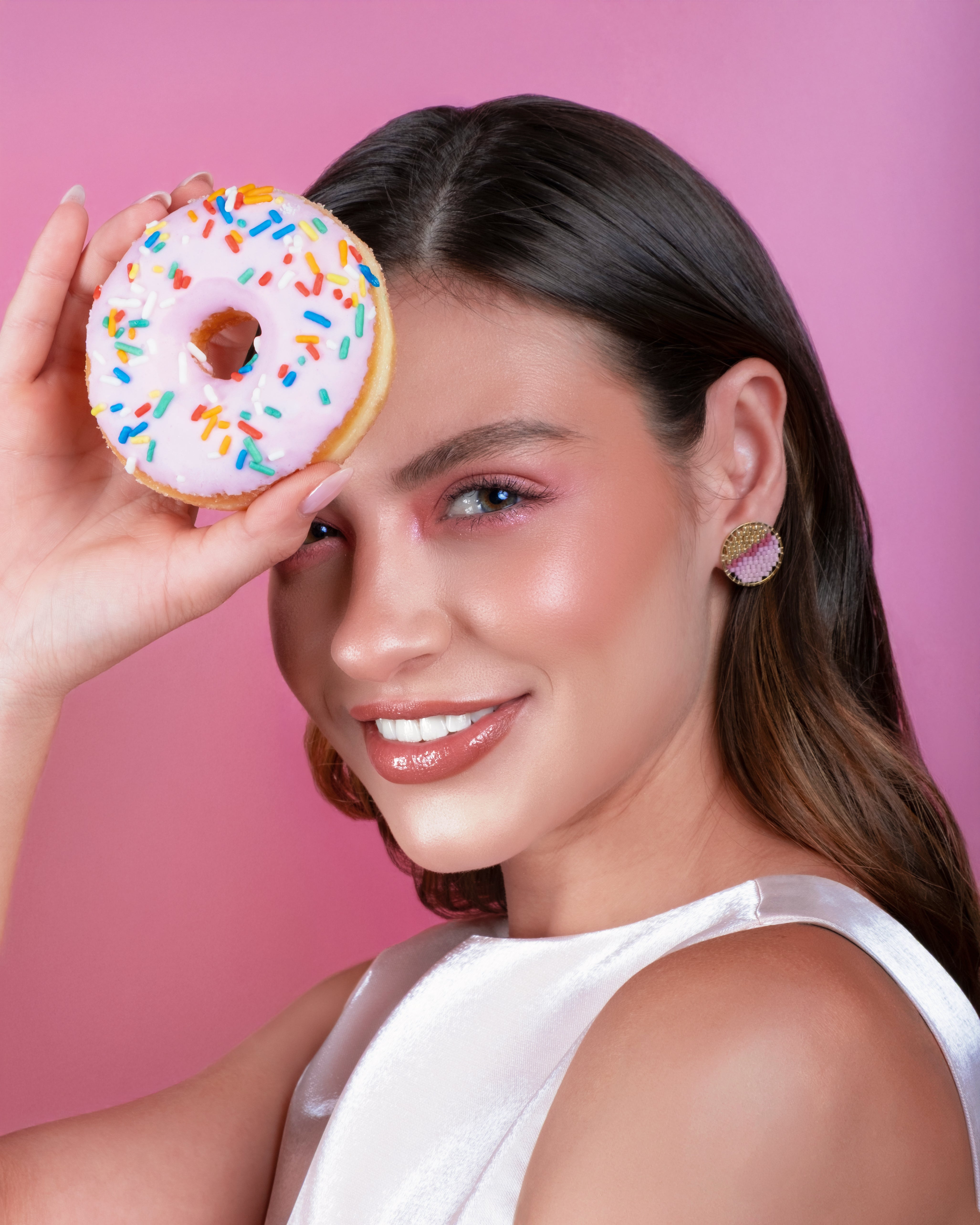 Beaded Handwoven Sweet Tart Stud Earrings - Pink