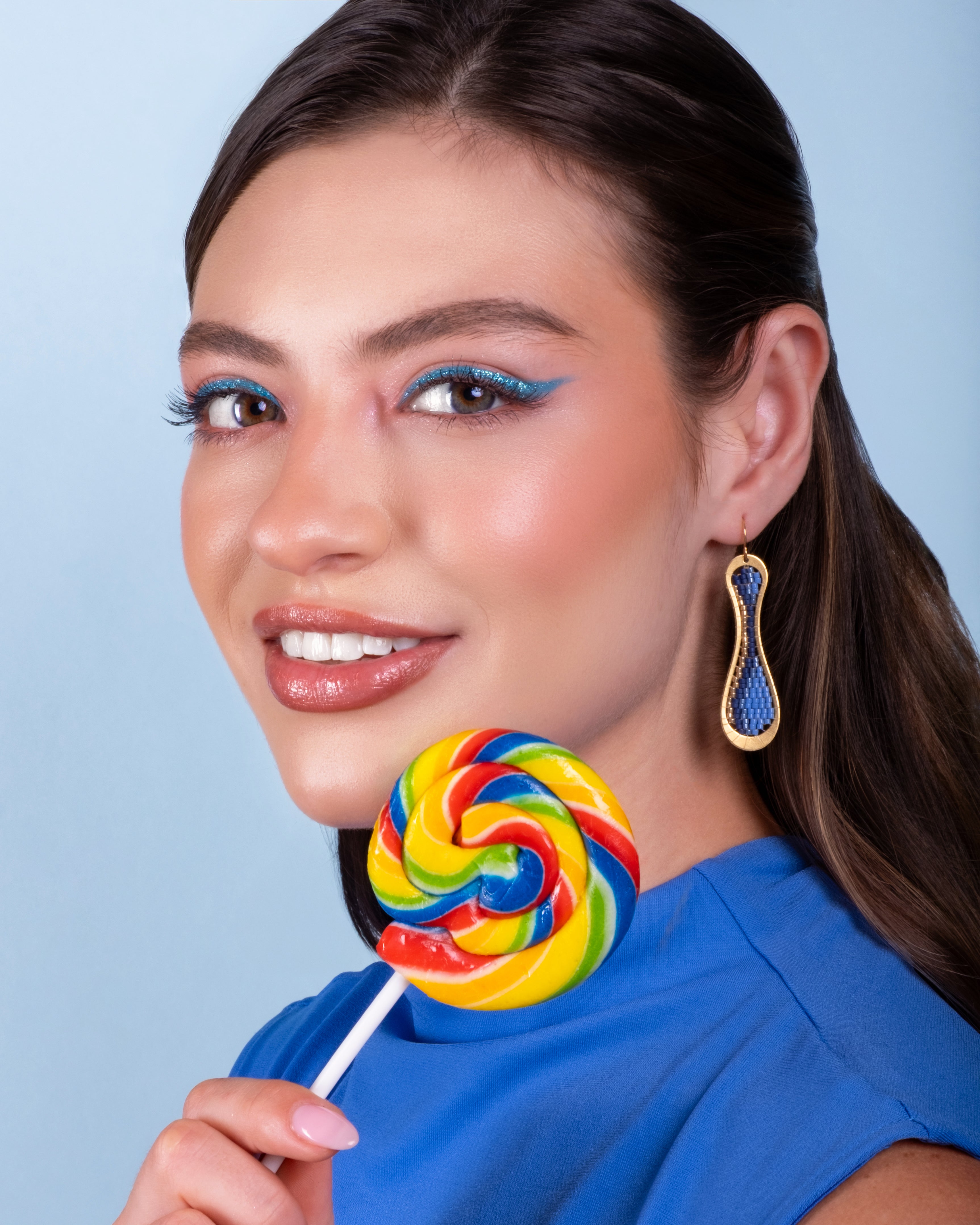 Beaded Handwoven Taffy Twist Drop Earrings - Blue
