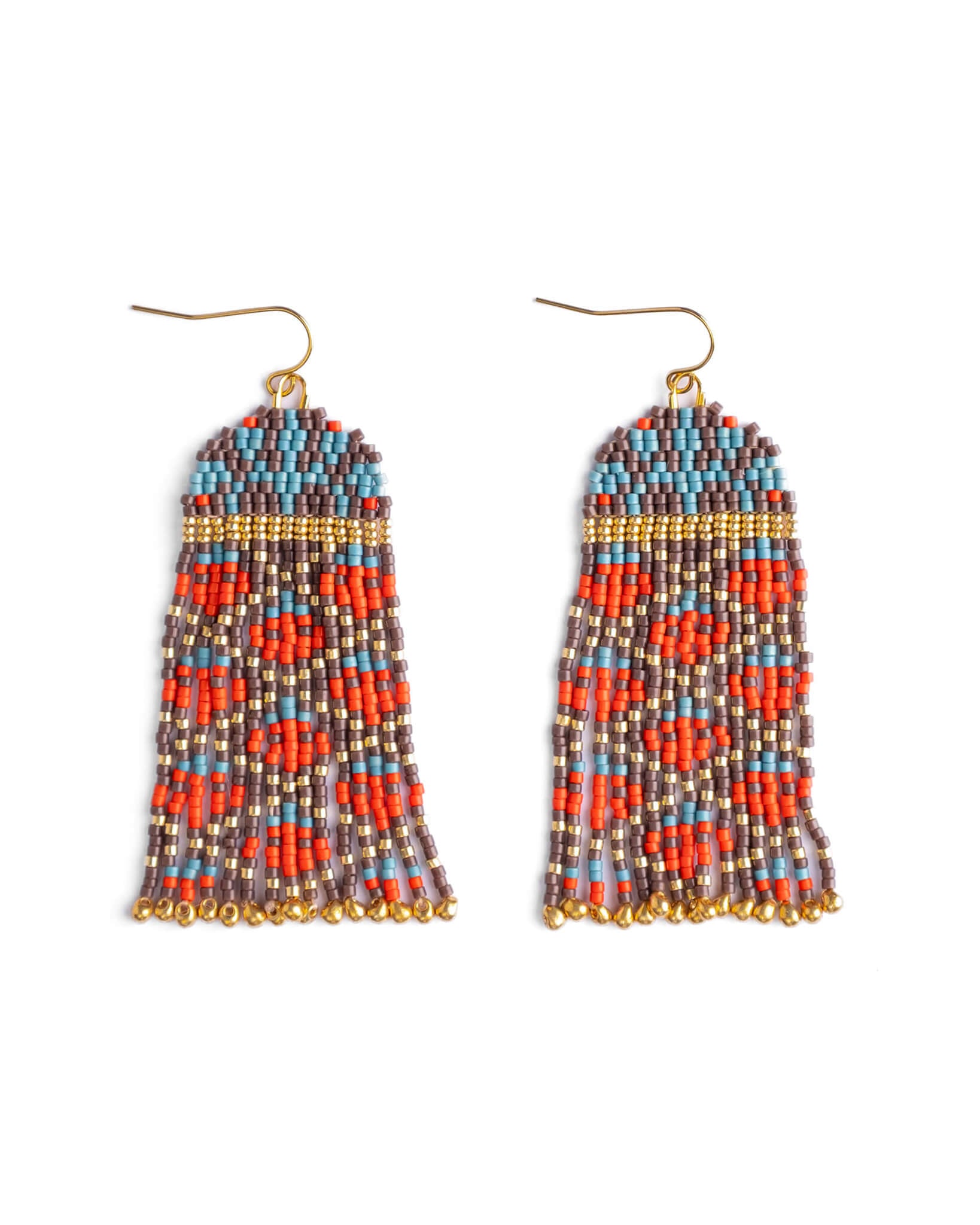 Beaded earrings with a colorful pattern on a white background
