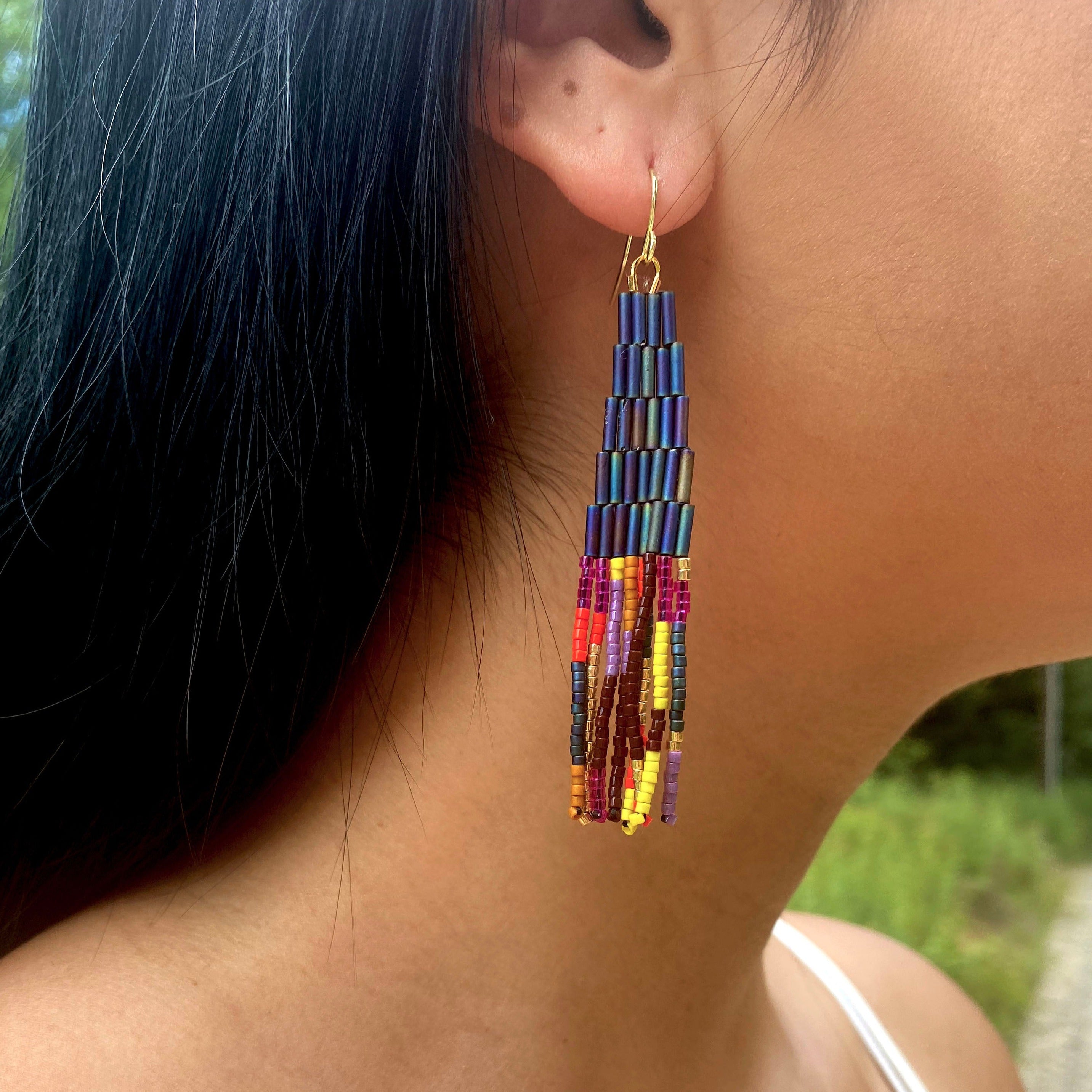 Beaded Handwoven Abstract Linear and Tube Earrings - Teal