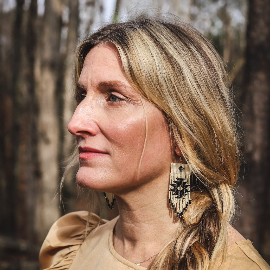 Beaded Handwoven Tribal Fringe Earrings - Cream/Black