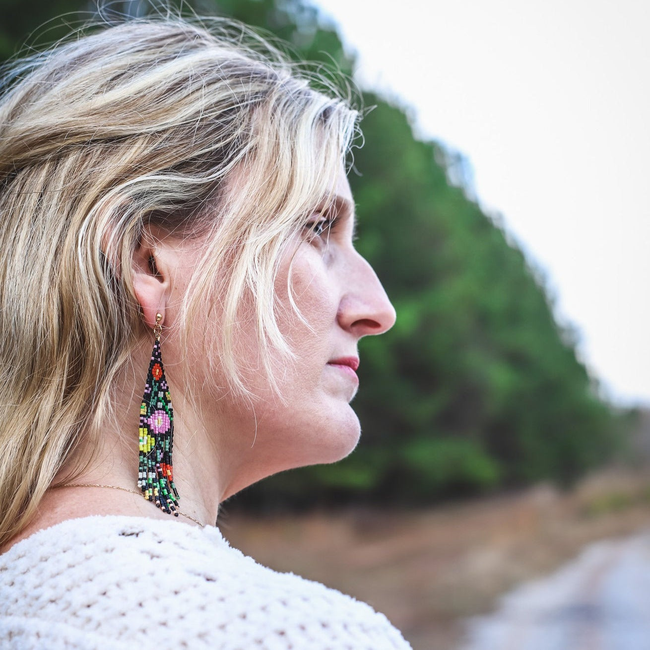 Beaded Handwoven Wildflower Fringe Earrings - Black