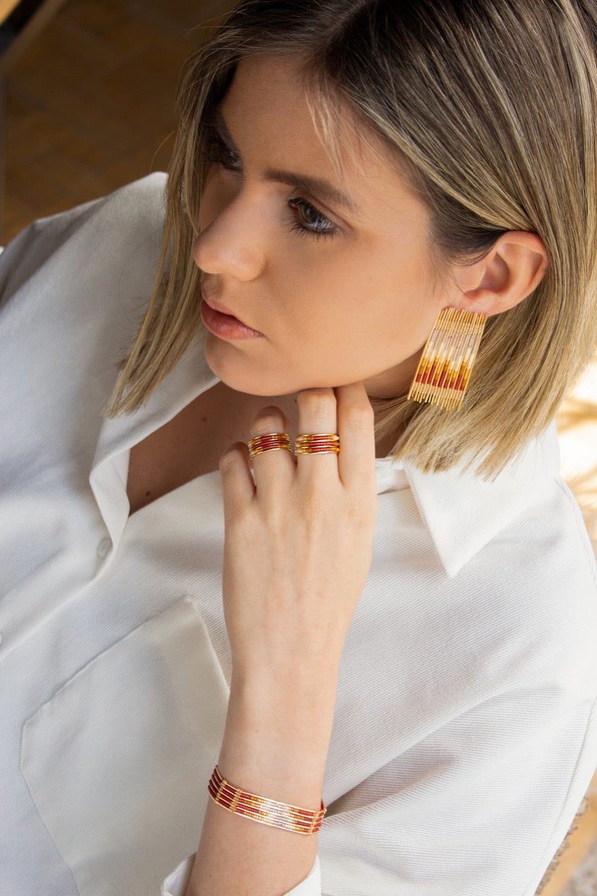 Handwoven Wire and Bead Ombre Rectangle Earrings