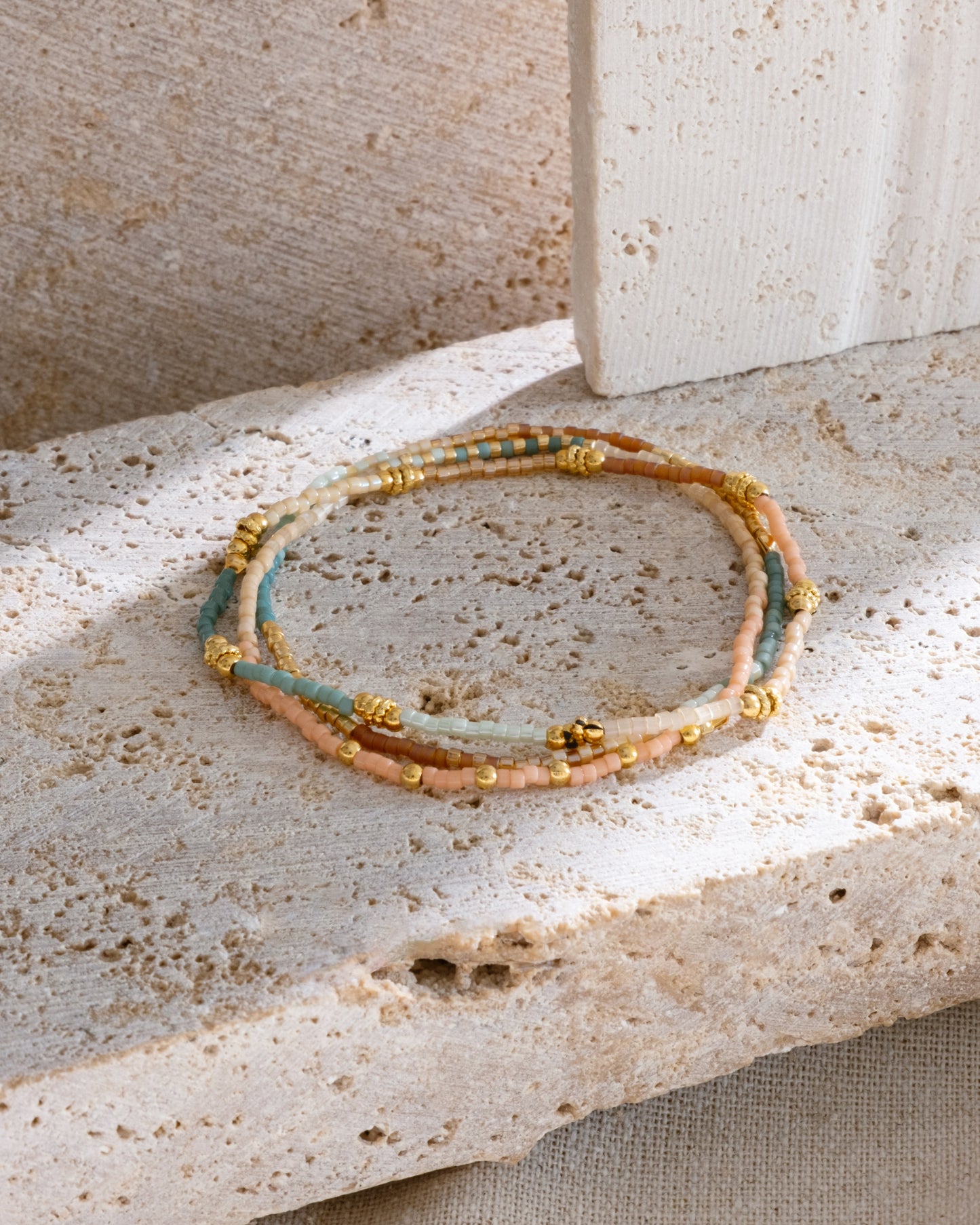 Set/3 Miyuki Beaded Bracelet Set - Peach/Aqua/Tan