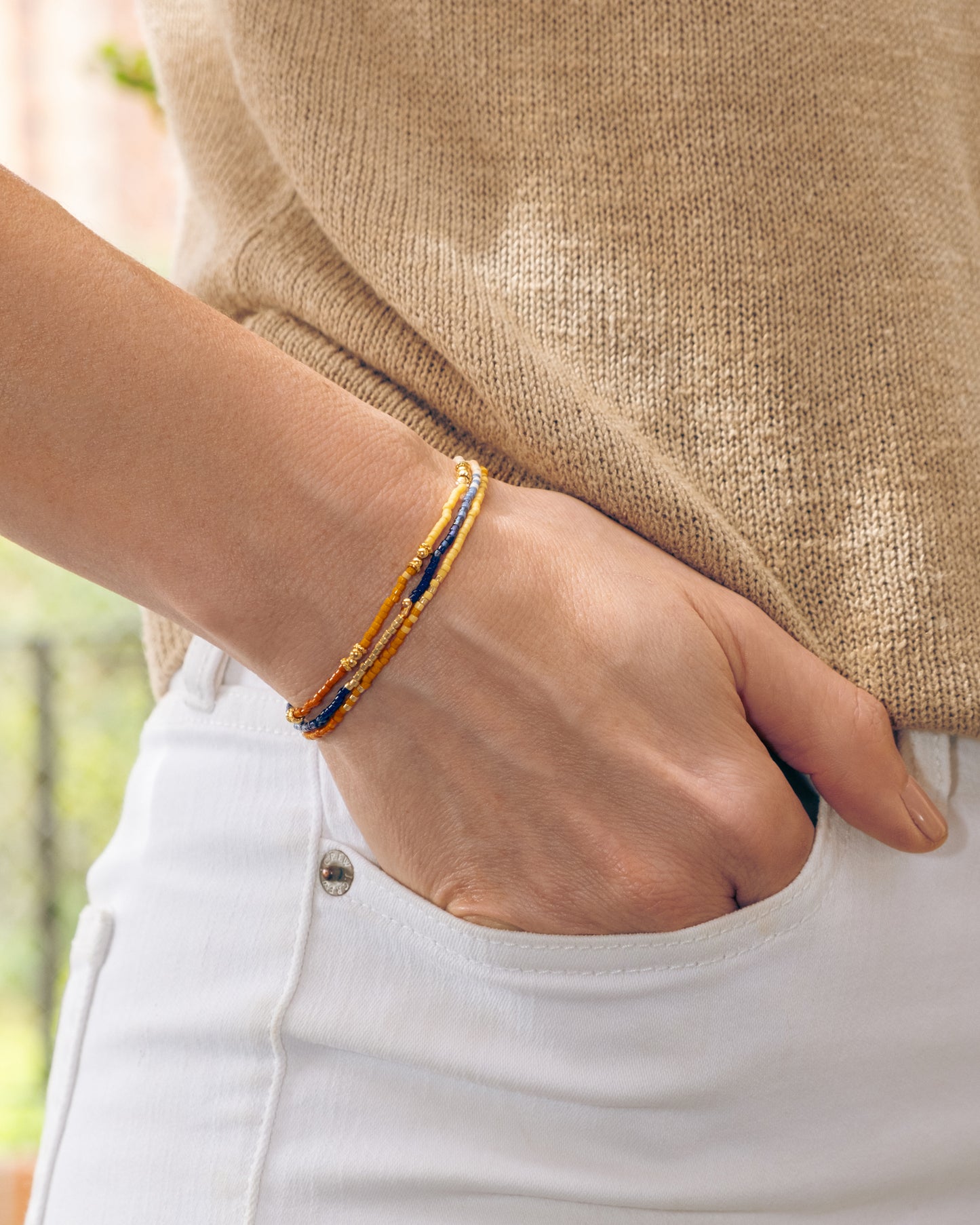 Set/3 Miyuki Beaded Stretch Bracelet Set - Brown/Mustard/Cream