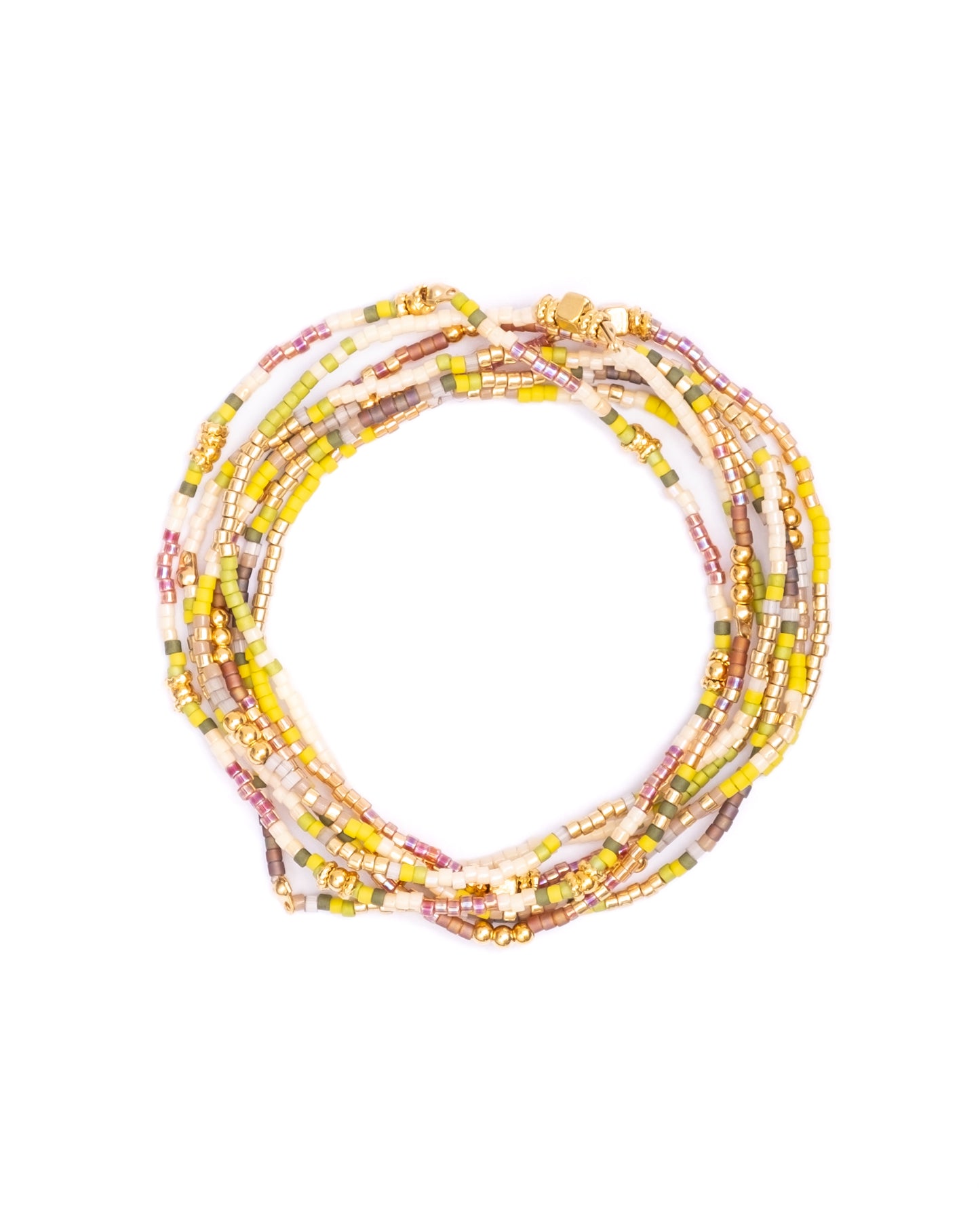 Set/7 Miyuki Beaded Stretch Bracelet Set - Citron/Tan/Cream