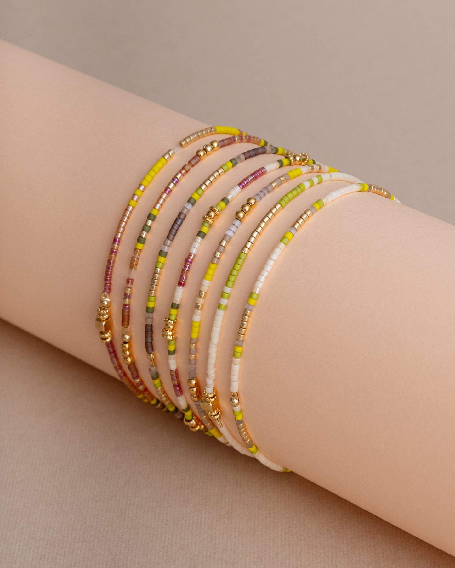 Set/7 Miyuki Beaded Stretch Bracelet Set - Citron/Tan/Cream