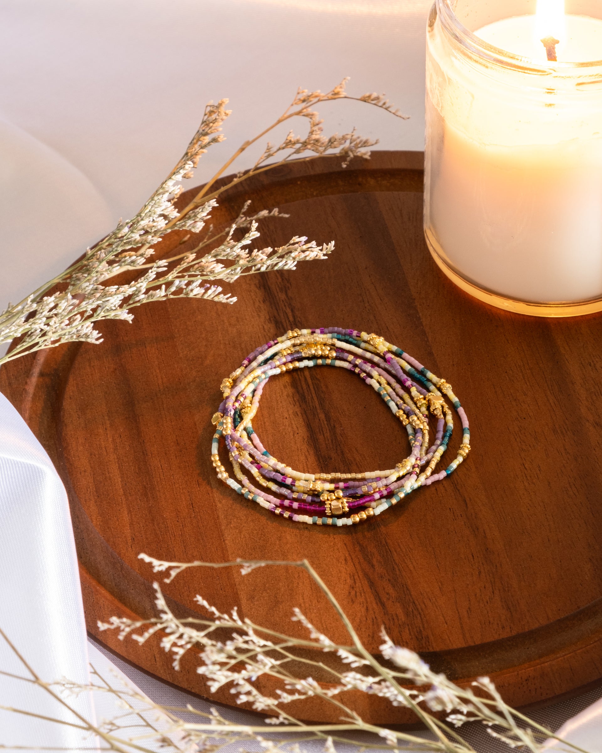 Set/7 Miyuki Beaded Stretch Bracelet Set - Aqua/Purple/Yellow