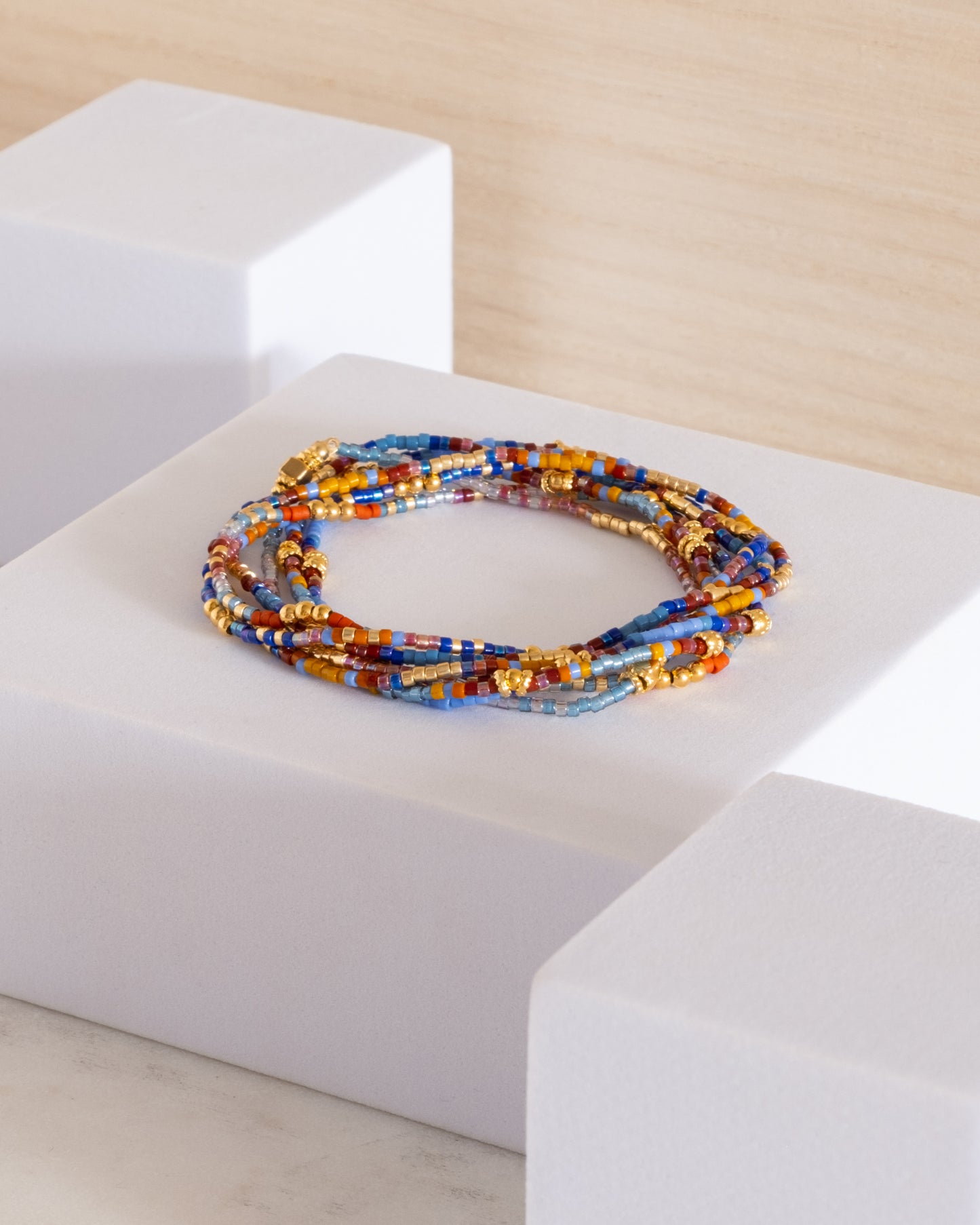 Set/7 Miyuki Beaded Stretch Bracelet Set - Blue/Brown/Rust