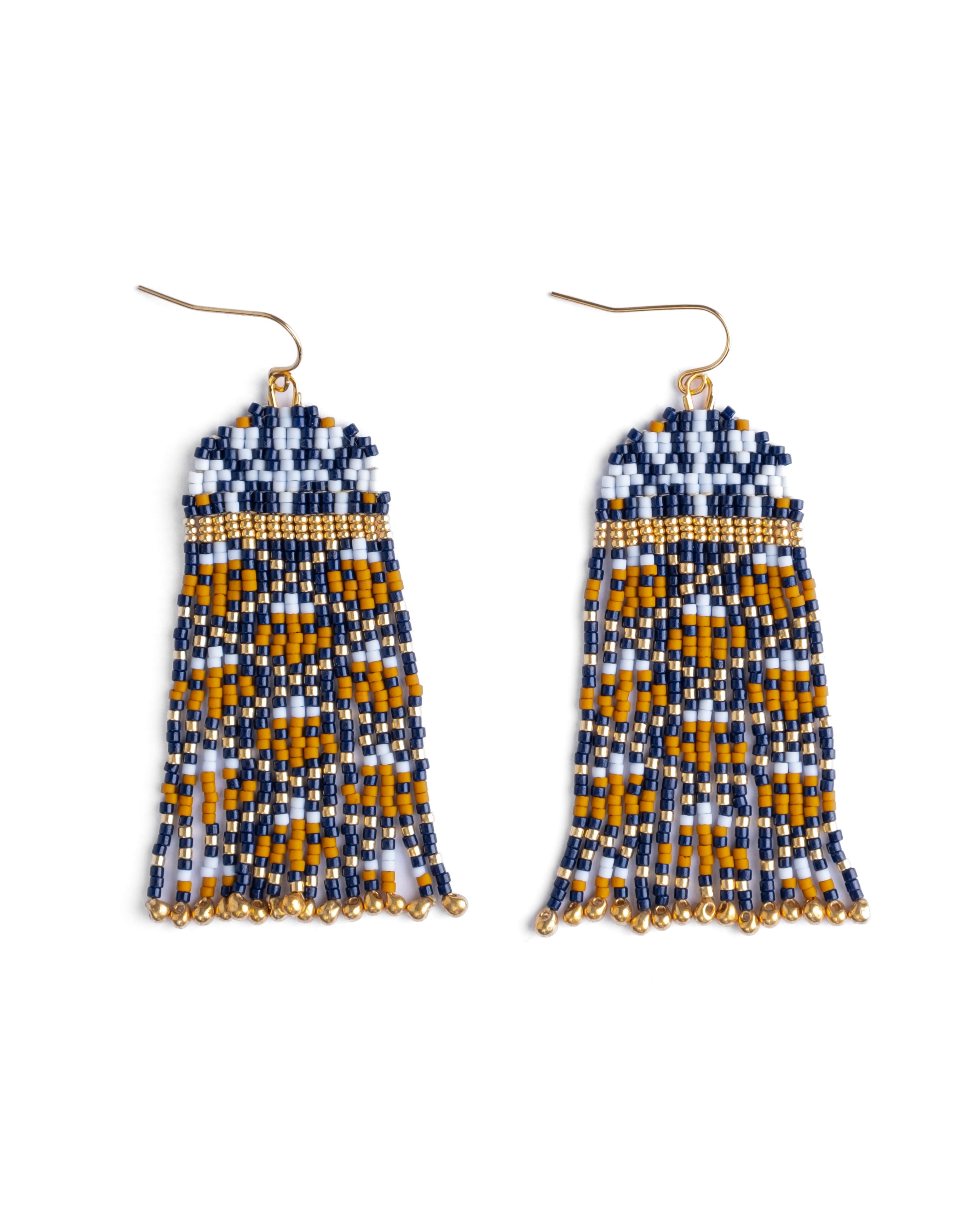 Beaded Handwoven Brocade Garden Earrings - Blue/Mustard