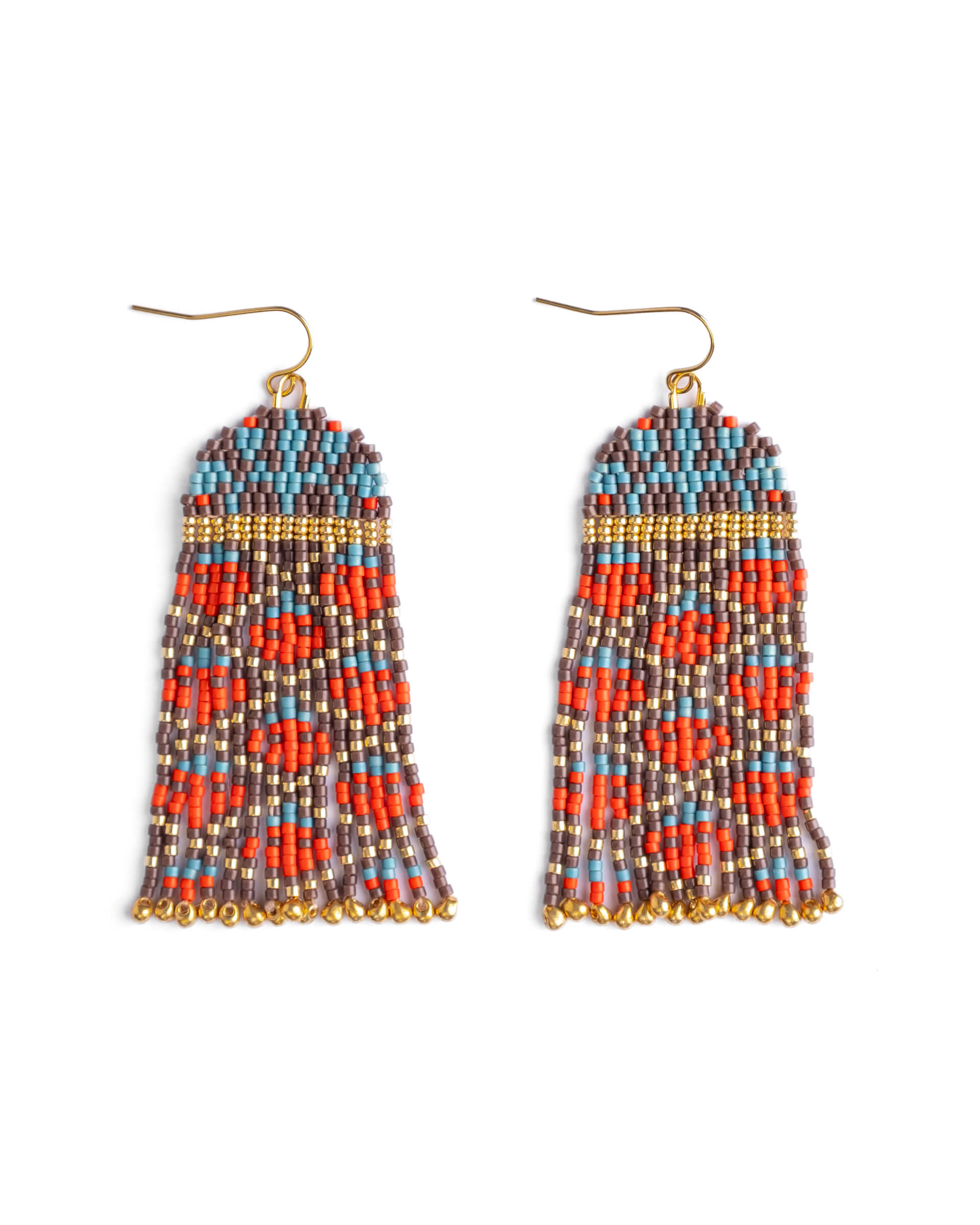 Beaded Handwoven Brocade Garden Earrings - Brown/Red