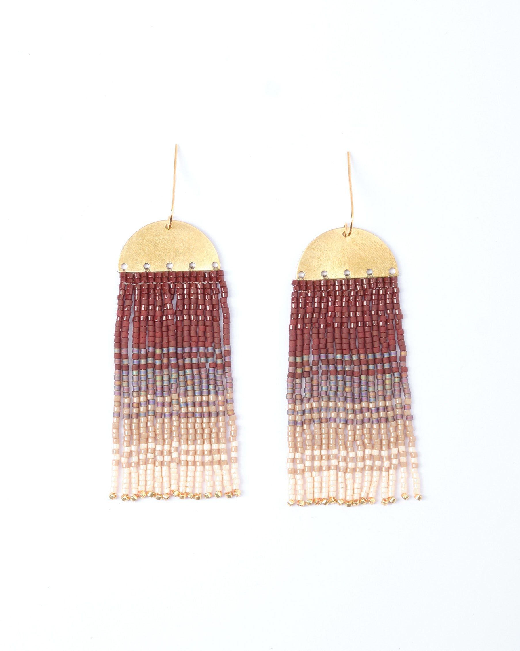 Beaded Handwoven Ombre Fringe Earrings - Brown