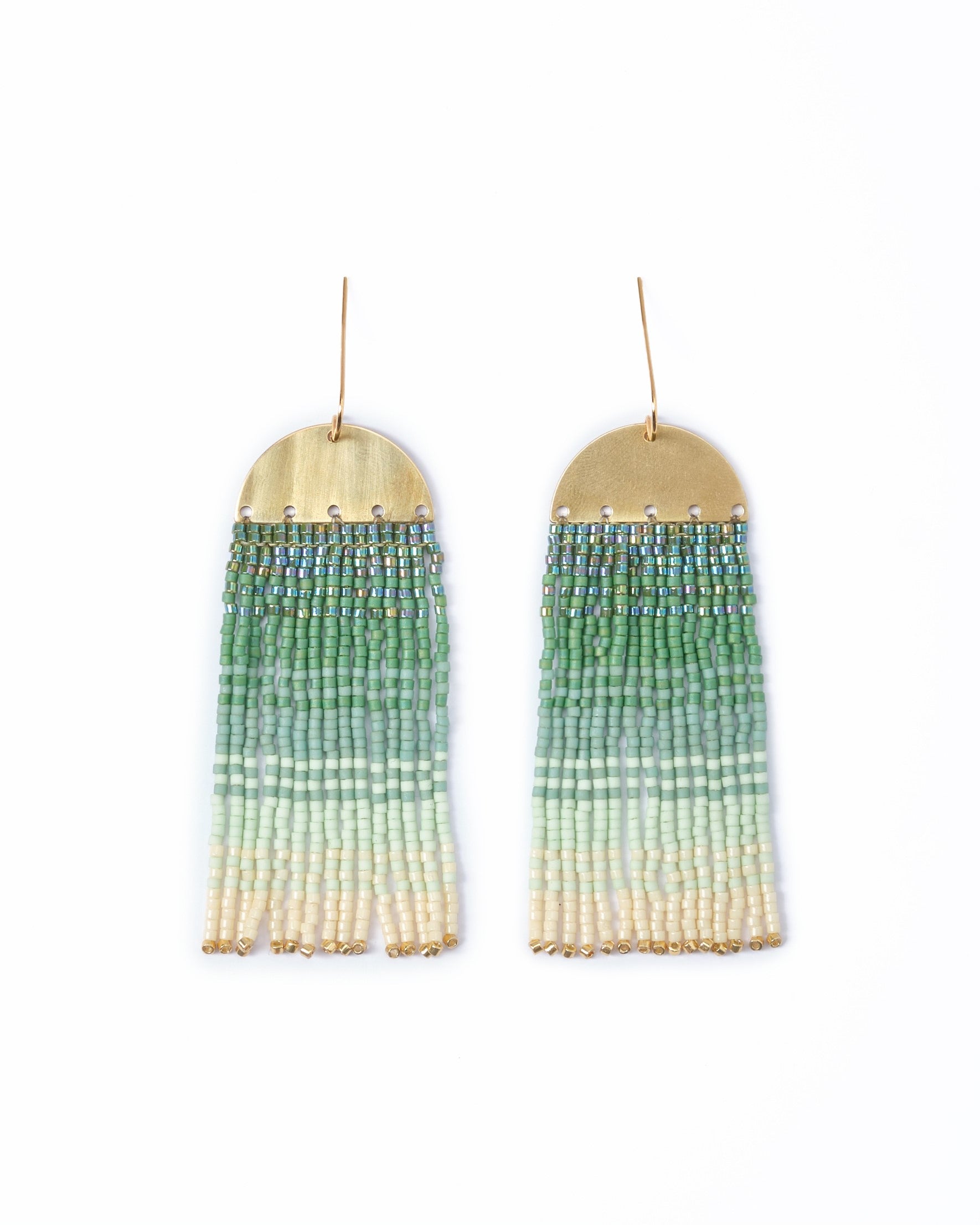 Beaded Handwoven Ombre Fringe Earrings - Green