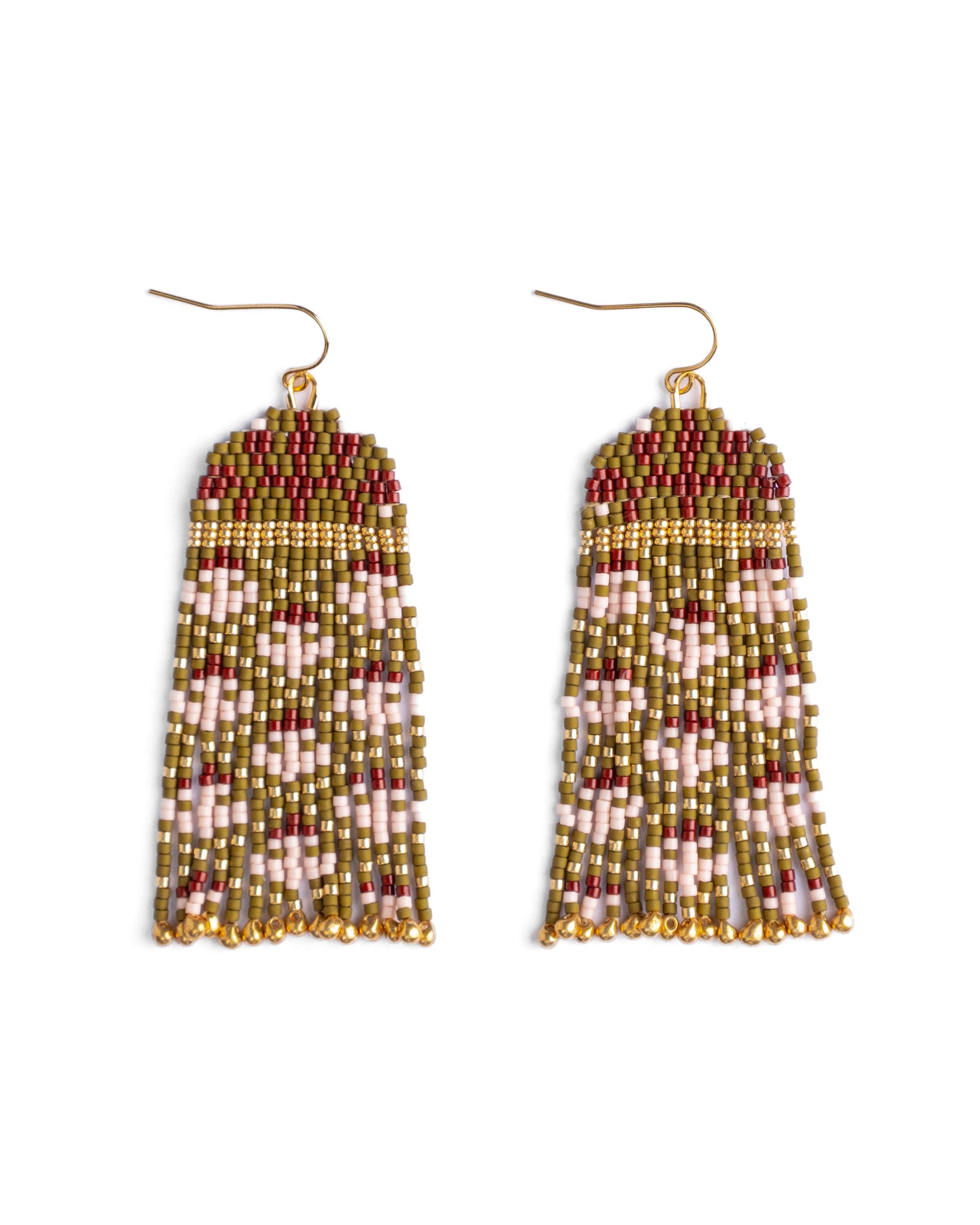 Beaded Handwoven Brocade Garden Earrings - Olive/Pink