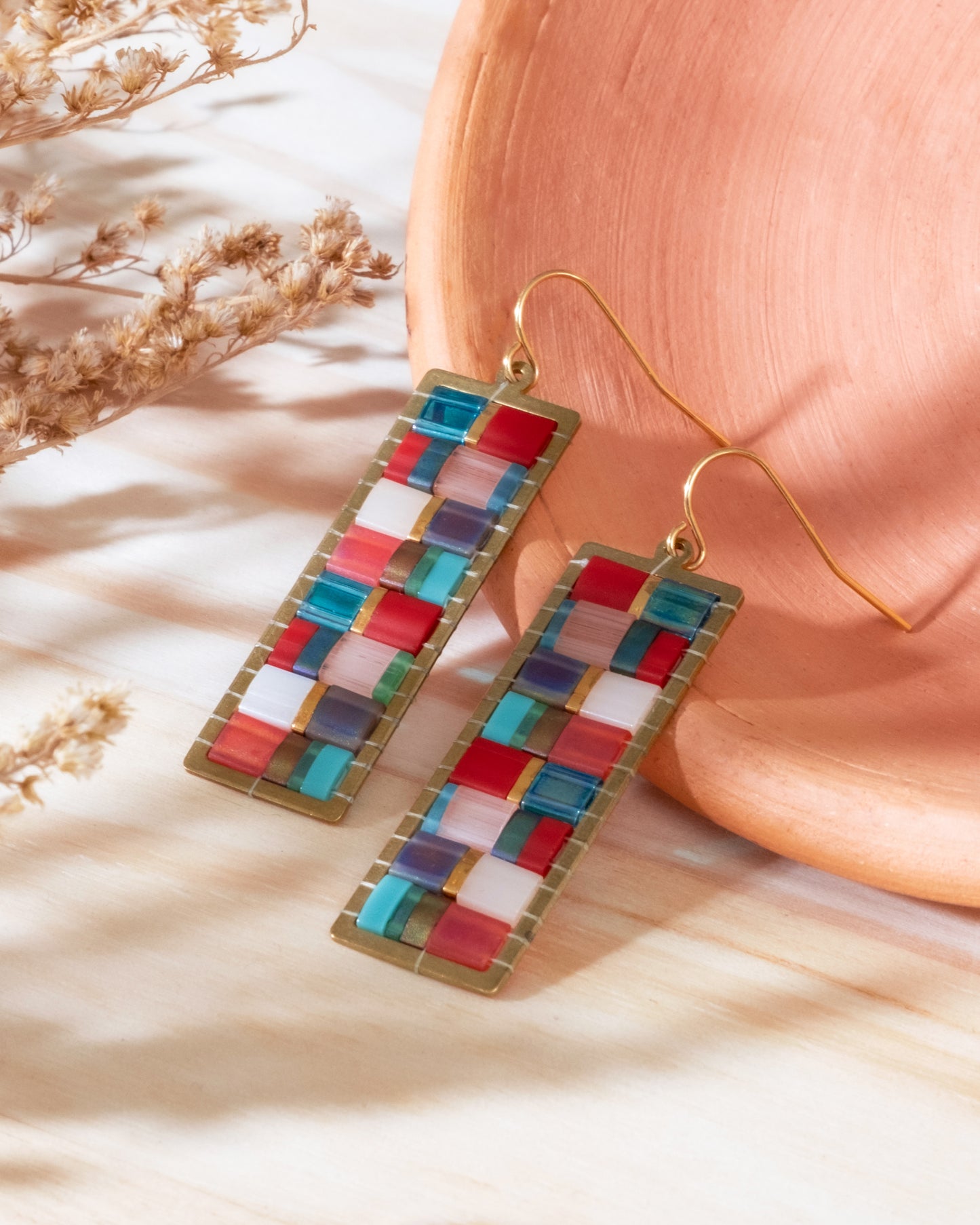 Beaded Handwoven Mosaic Tila and Brass Earrings