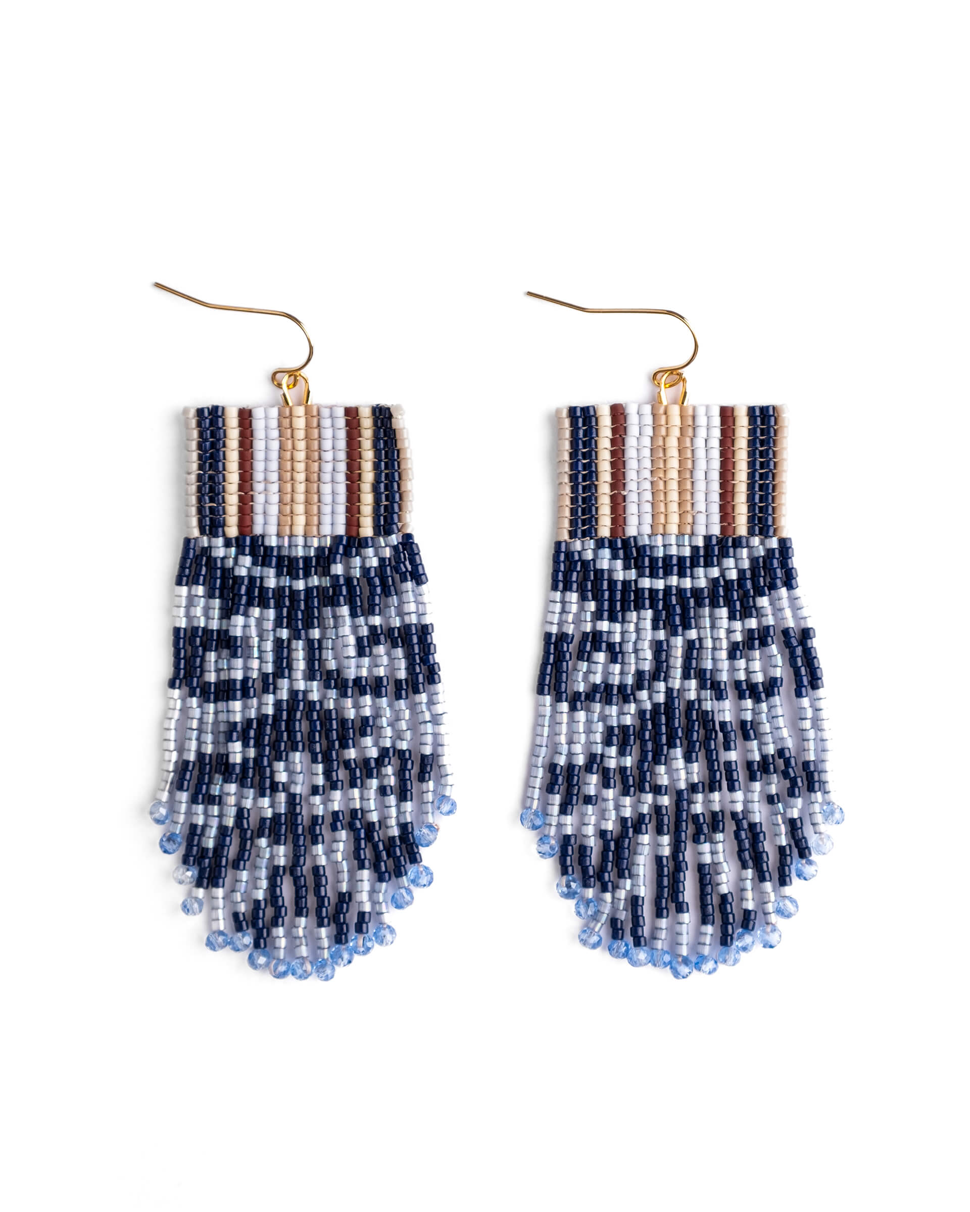 Beaded Handwoven Damask Fringe Earrings - Blue