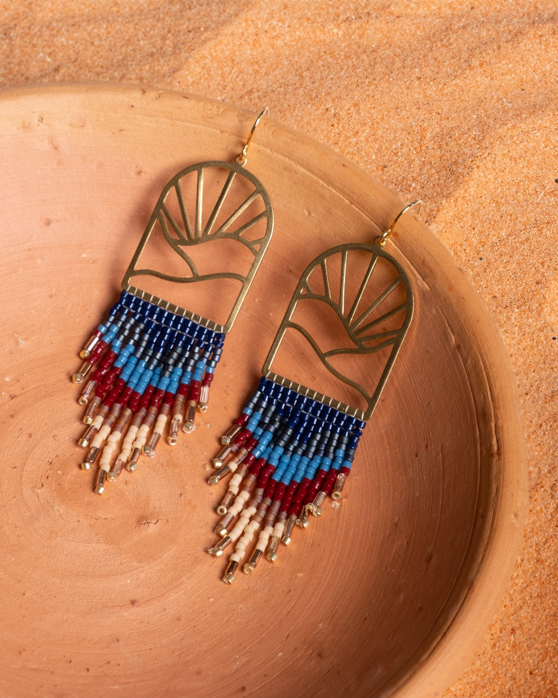 Beaded Handwoven Sedona Fringe Earrings - Blue/Brown