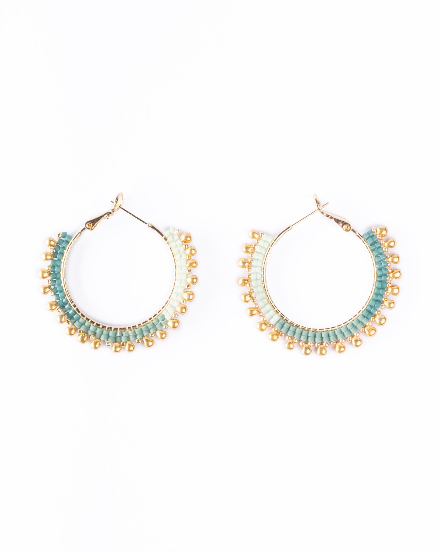 Handwoven Beaded Gold Drop Hoop Earrings