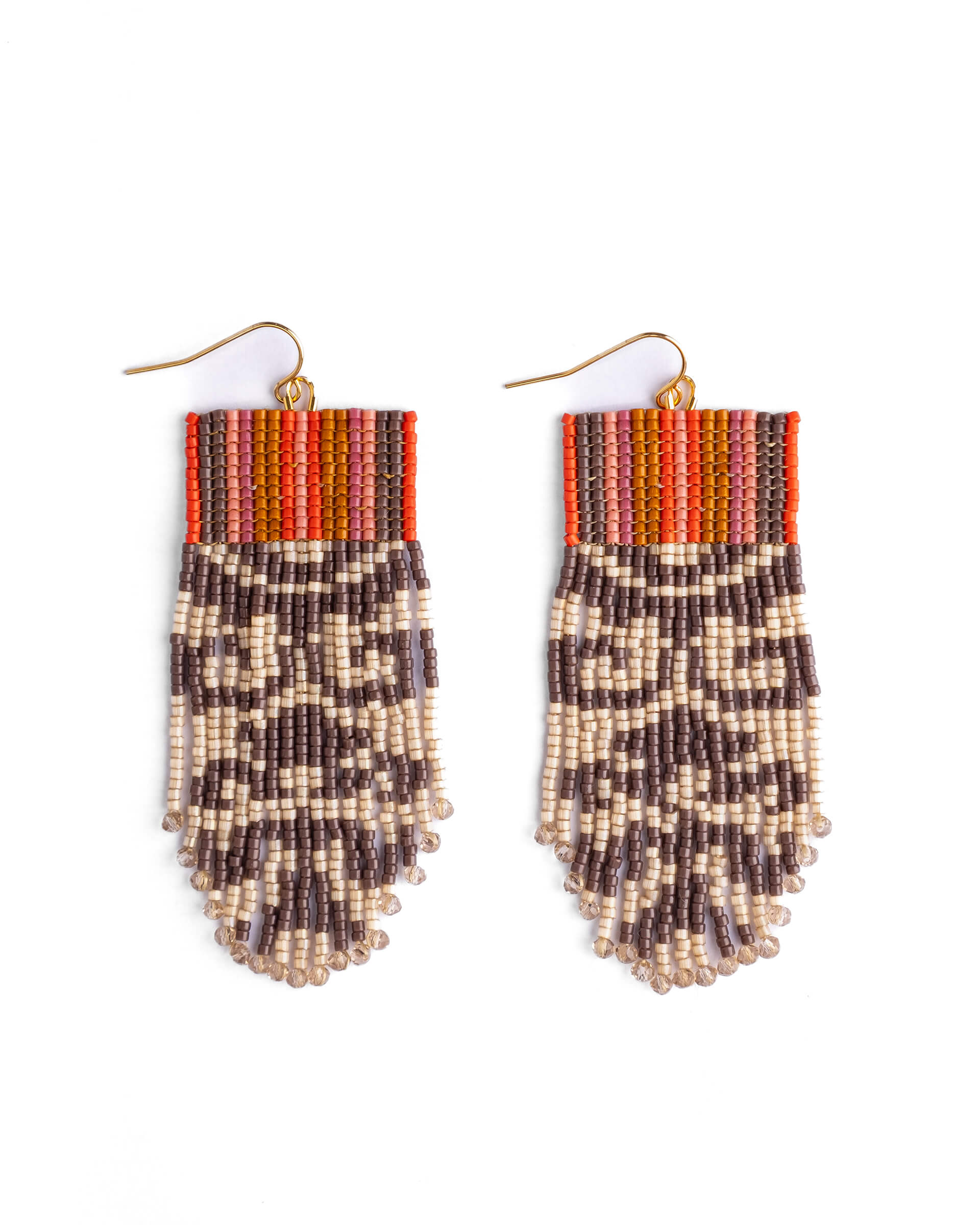 Beaded Handwoven Damask Fringe Earrings - Brown