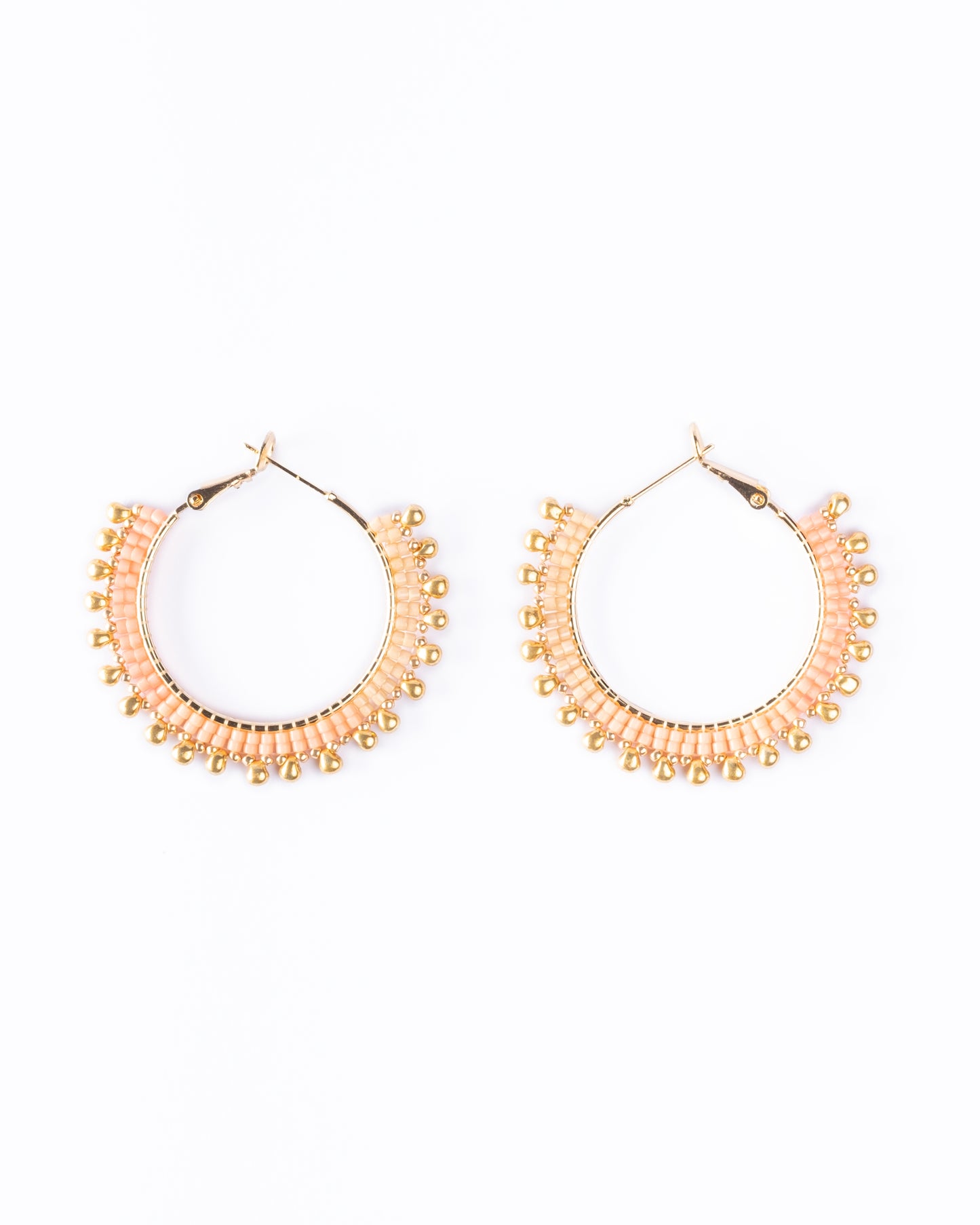 Handwoven Beaded Gold Drop Hoop Earrings