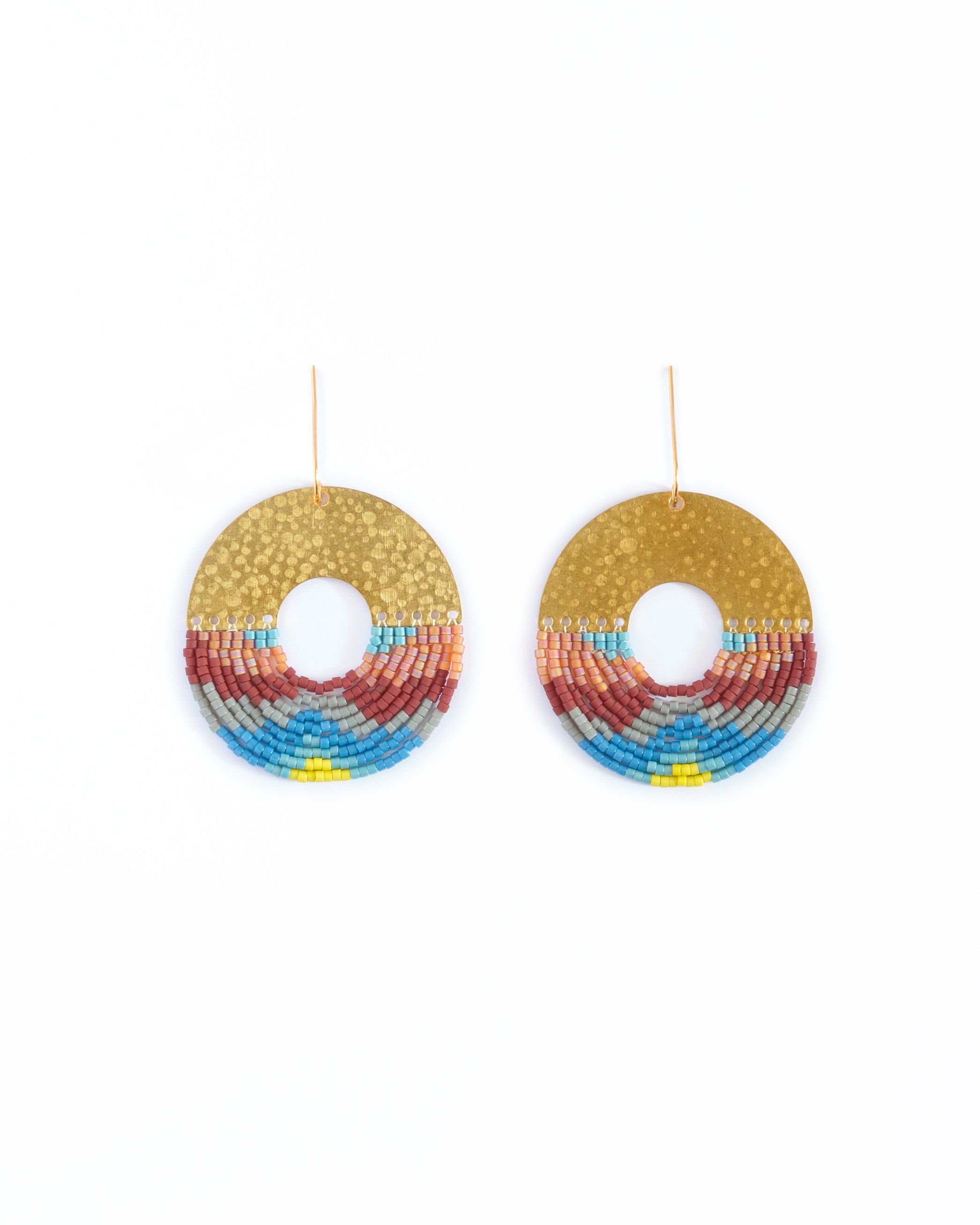 Beaded Handwoven Organic Circular Fringe Earrings - Blue