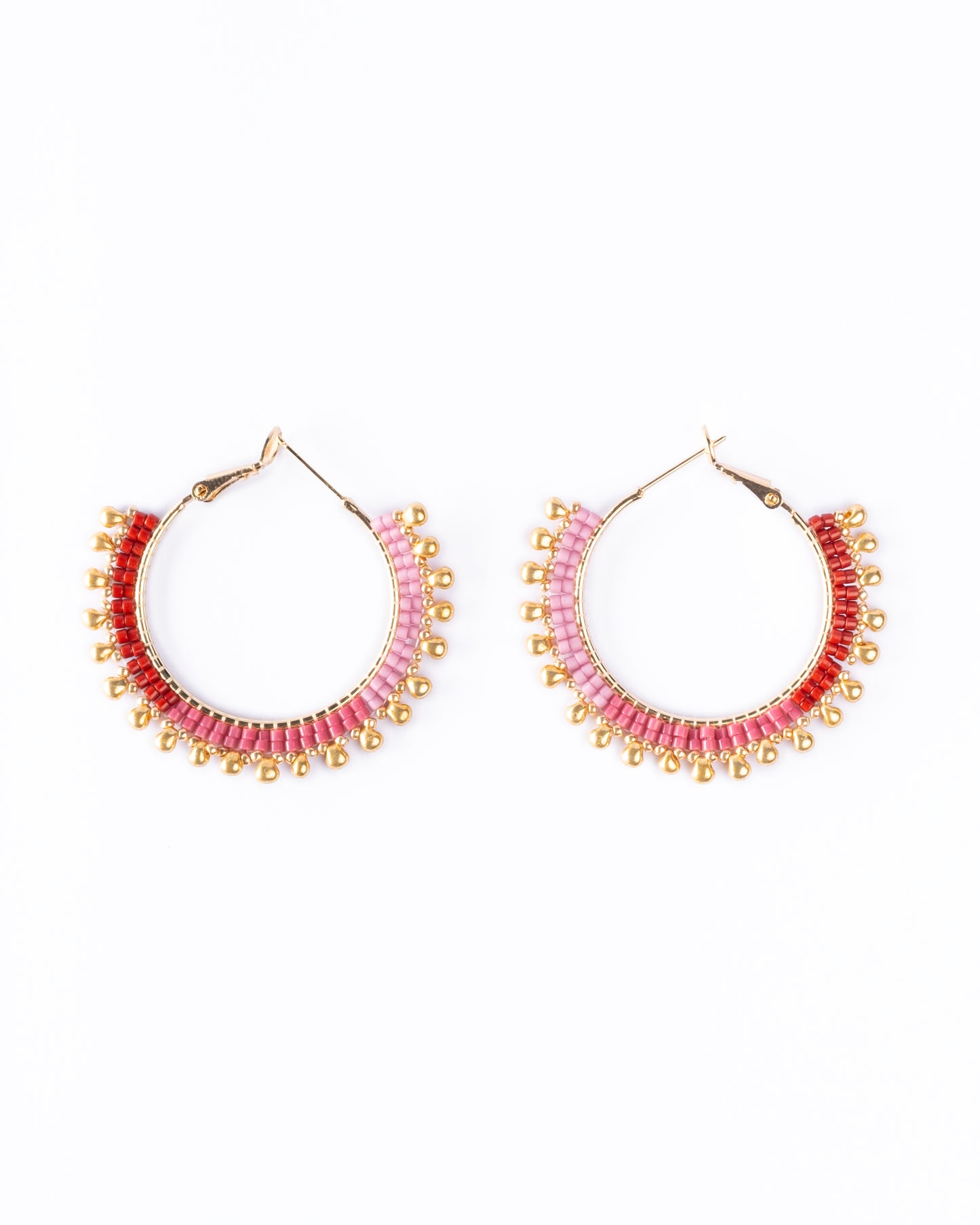 Handwoven Beaded Gold Drop Hoop Earrings