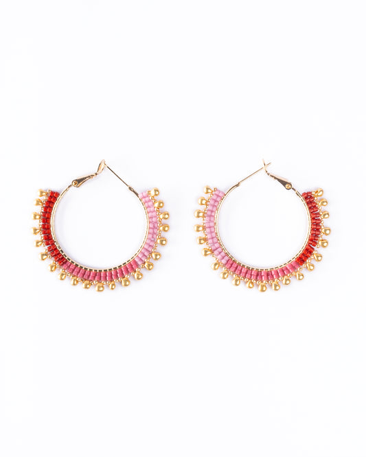 Handwoven Beaded Gold Drop Hoop Earrings