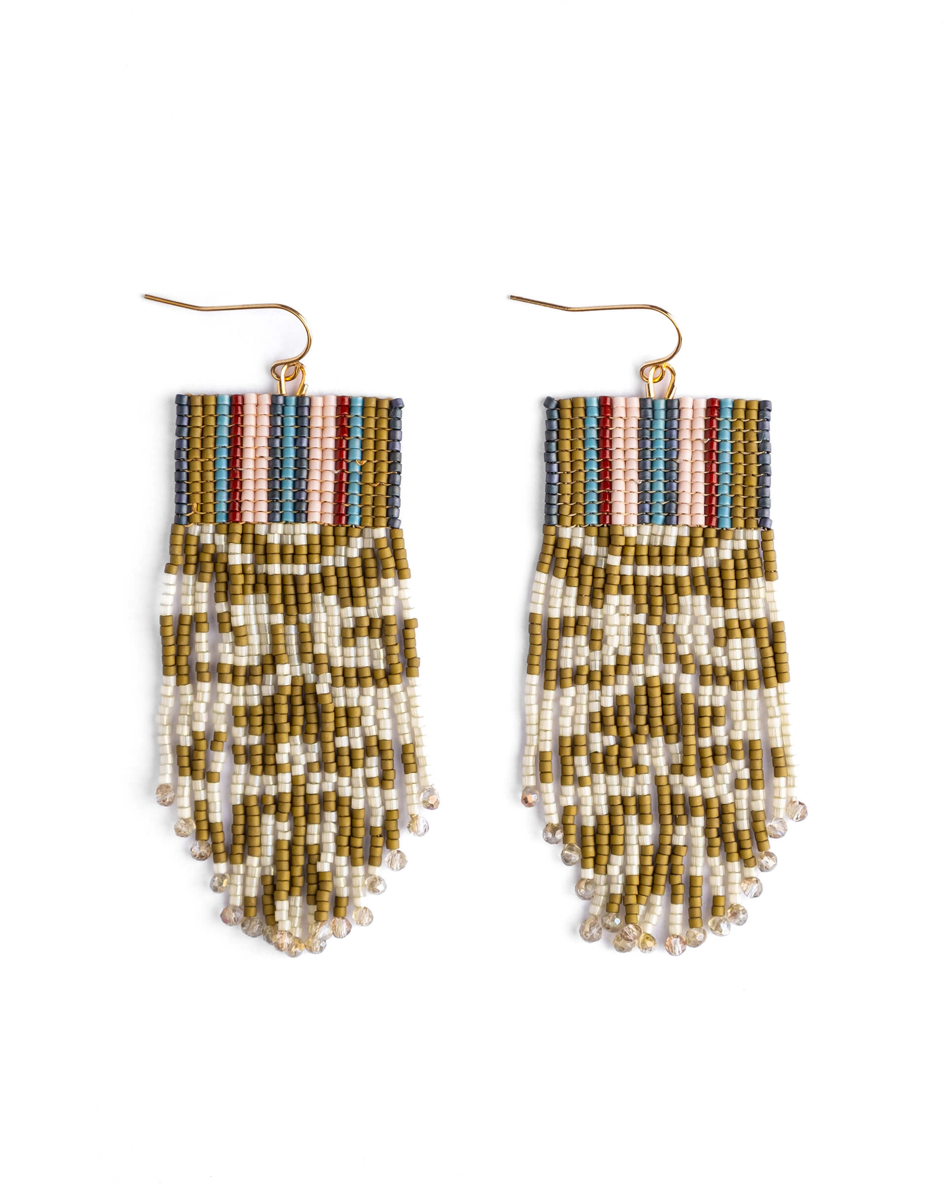 Beaded Handwoven Damask Fringe Earrings - Olive
