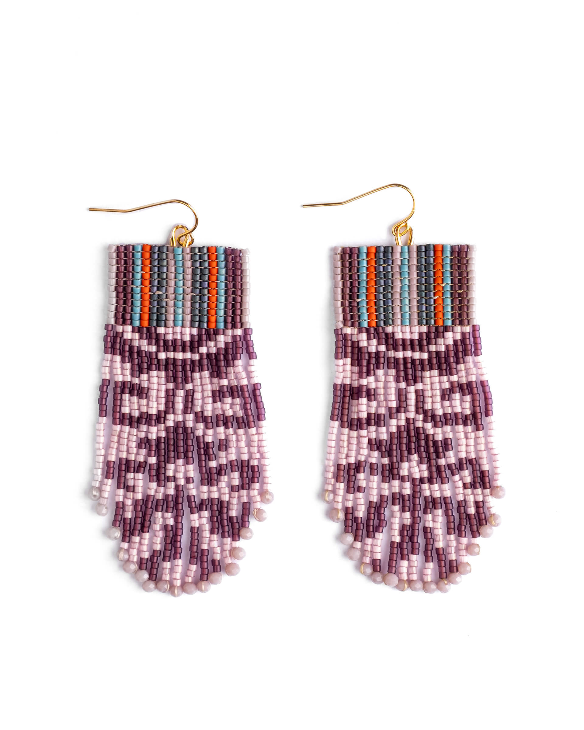 Beaded Handwoven Damask Fringe Earrings - Lilac