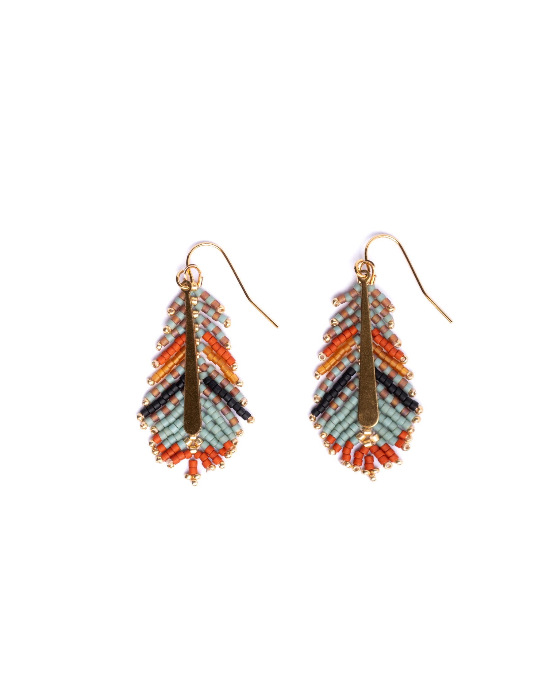 Beaded Handwoven Gilded Feather Earrings - Rust/Aqua