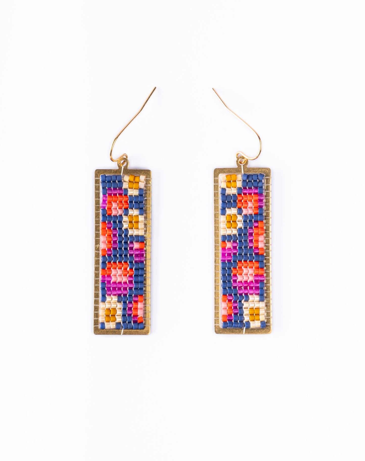 Handwoven Beaded Brass Framed Floral Earrings