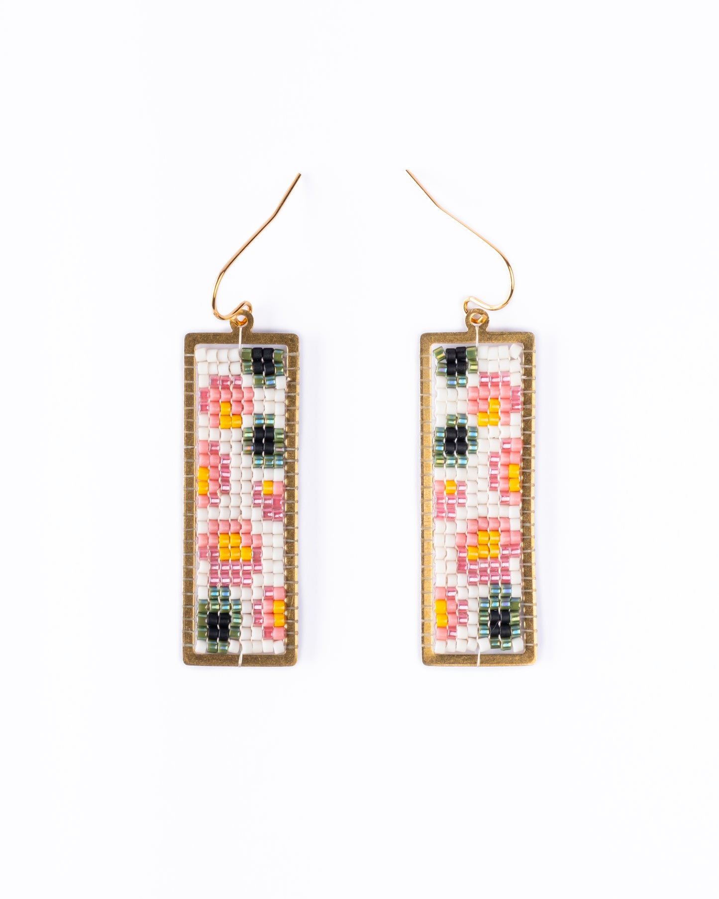 Handwoven Beaded Brass Framed Floral Earrings