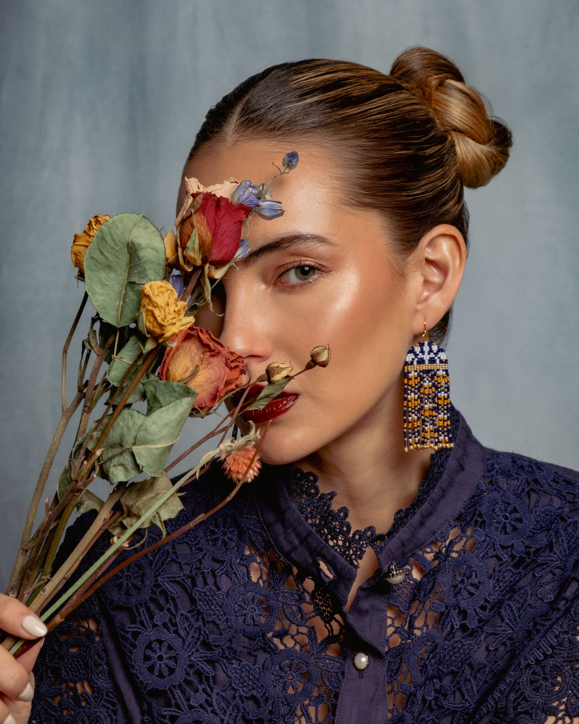Beaded Handwoven Brocade Garden Earrings - Blue/Mustard