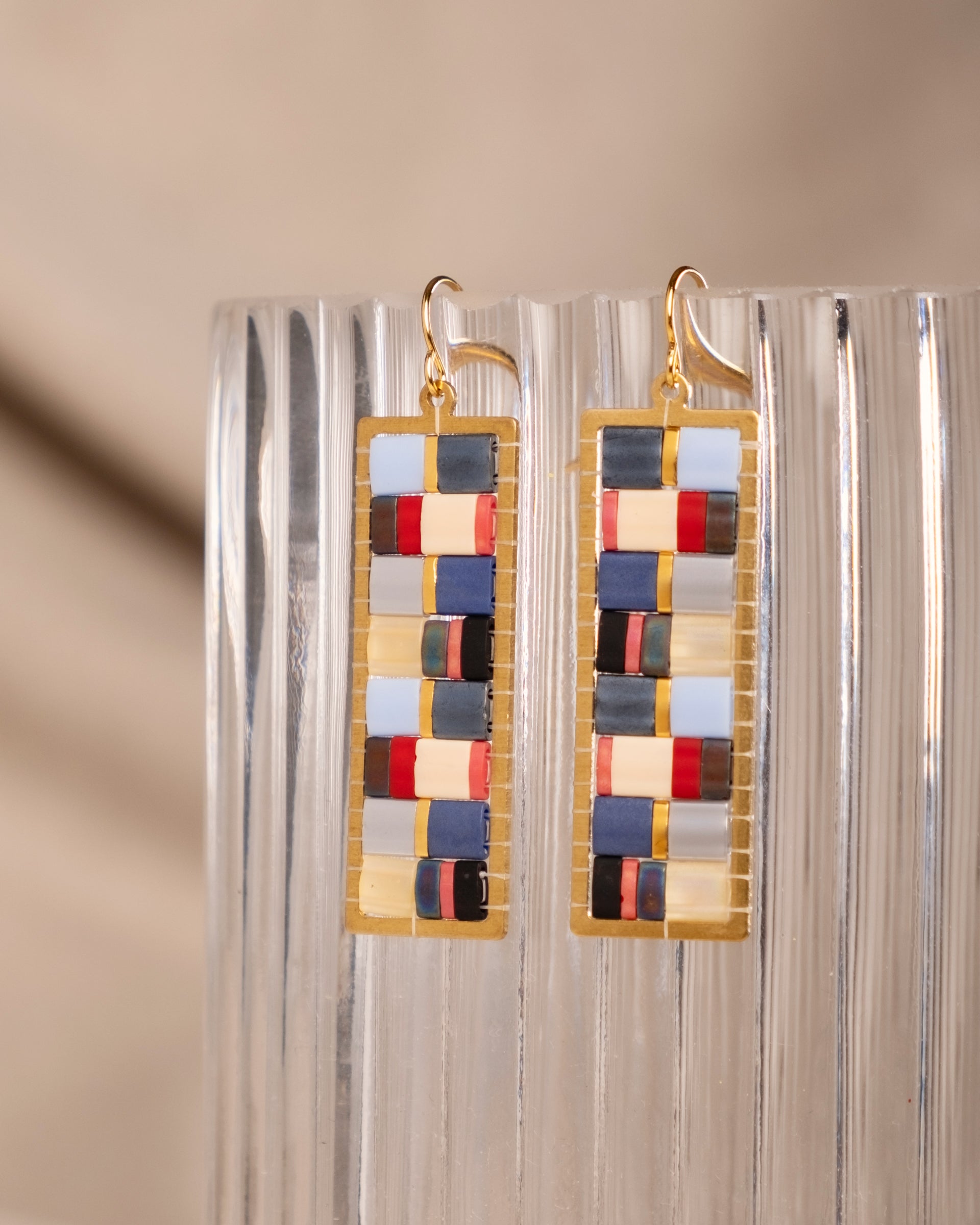 Beaded Handwoven Mosaic Tila and Brass Earrings - Blue/Red