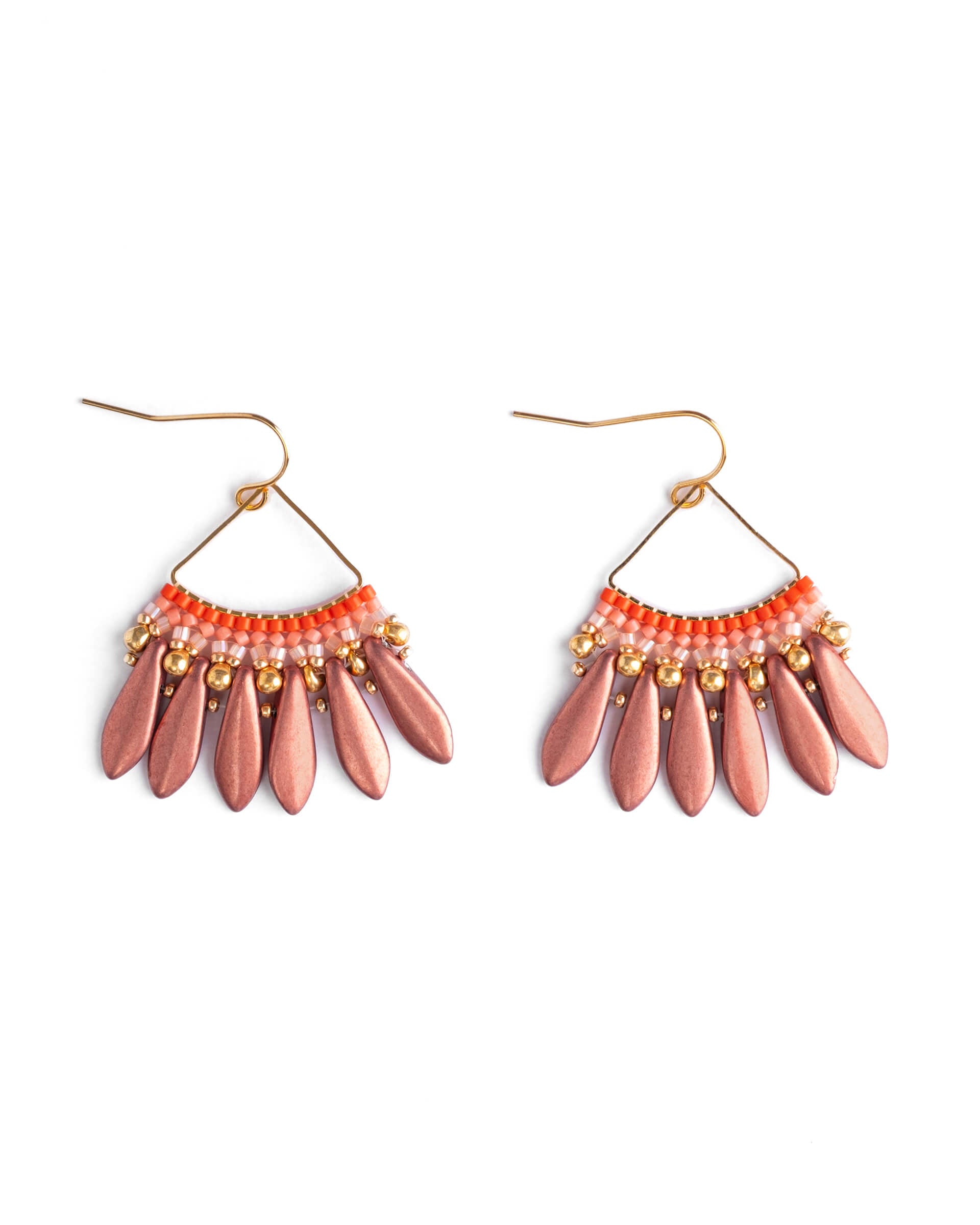 Beaded Handwoven Heirloom Fan Drop Earrings - Red