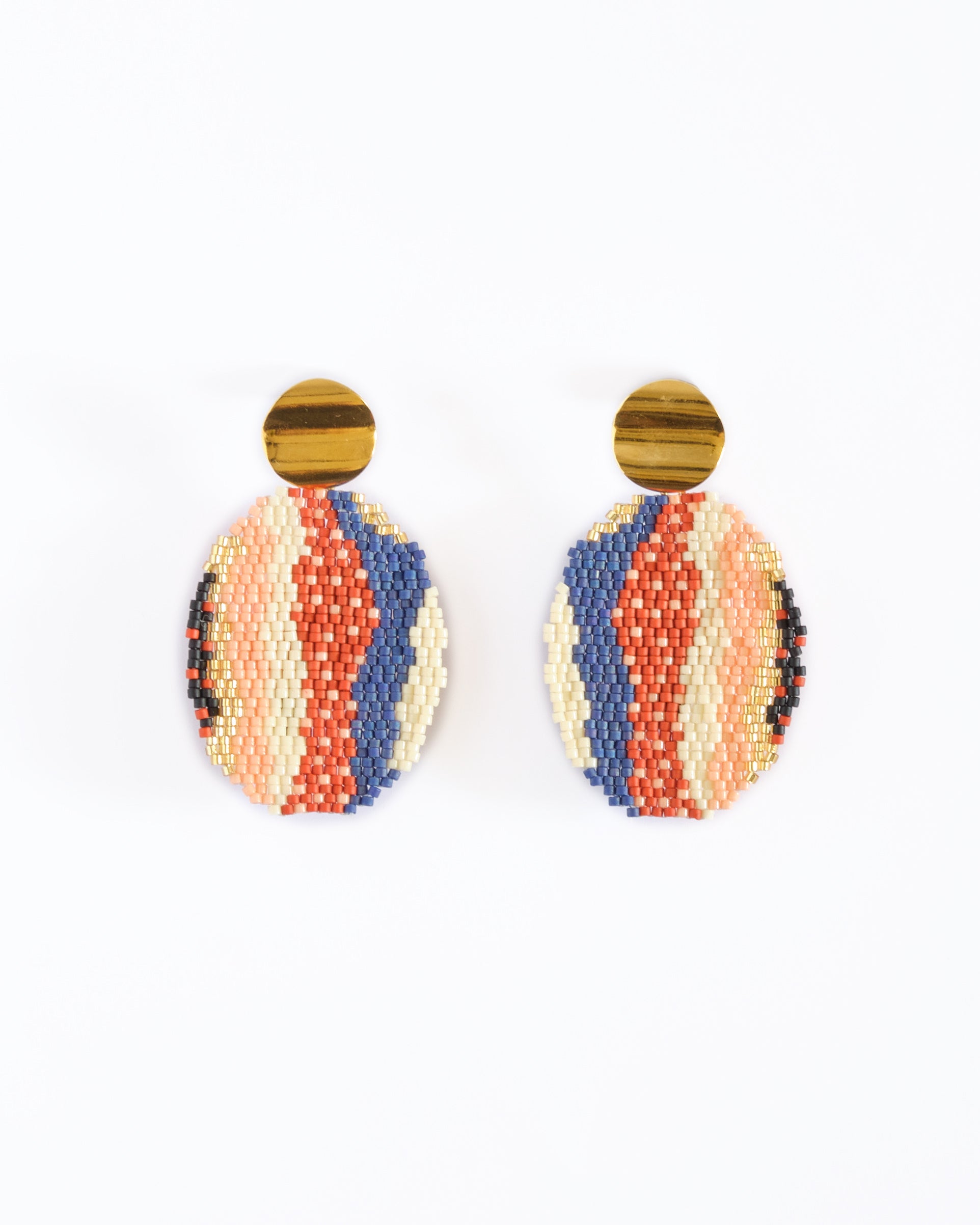 Beaded Handwoven Organic Oval Drop Earrings - Blue