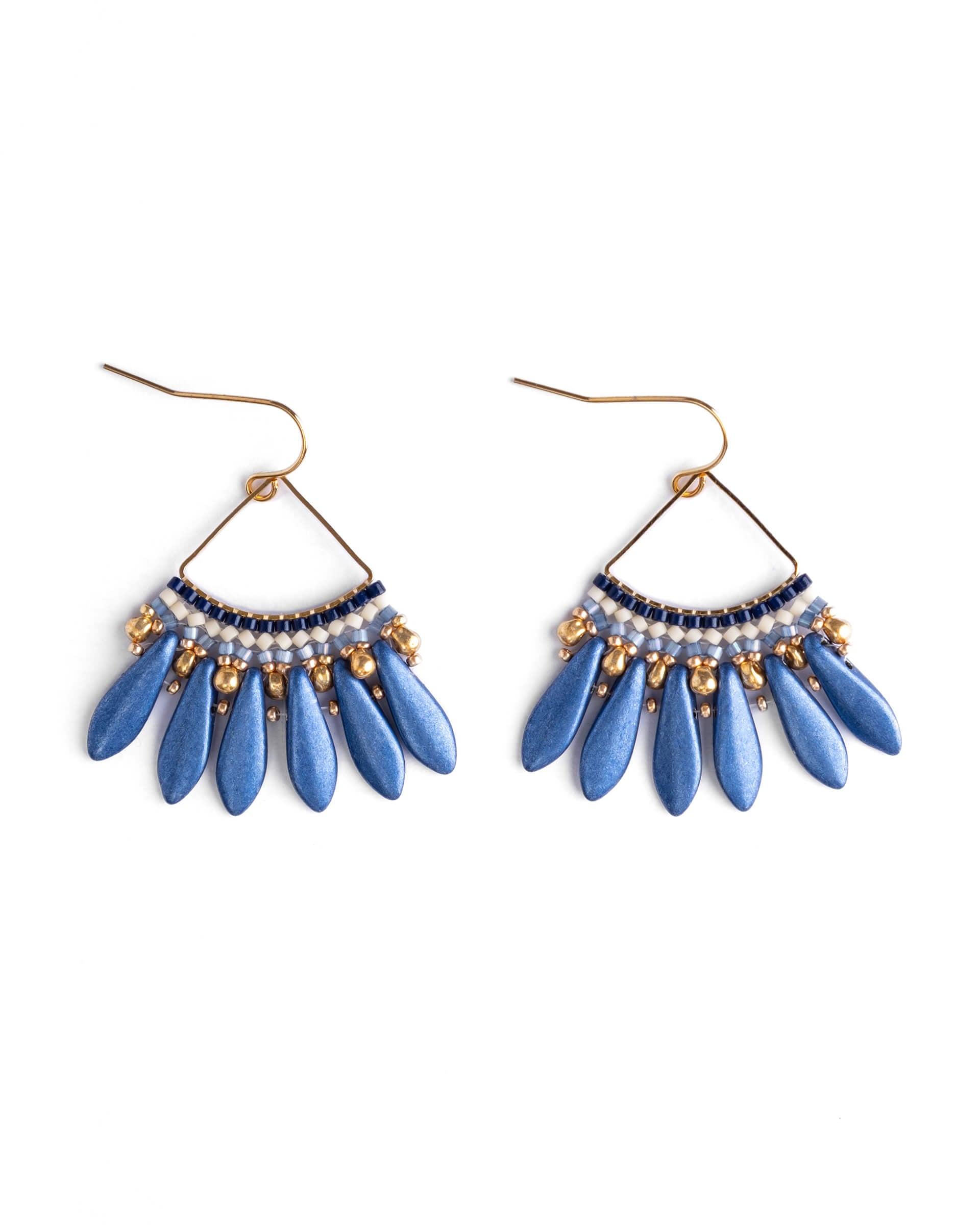 Beaded Handwoven Heirloom Fan Drop Earrings - Blue